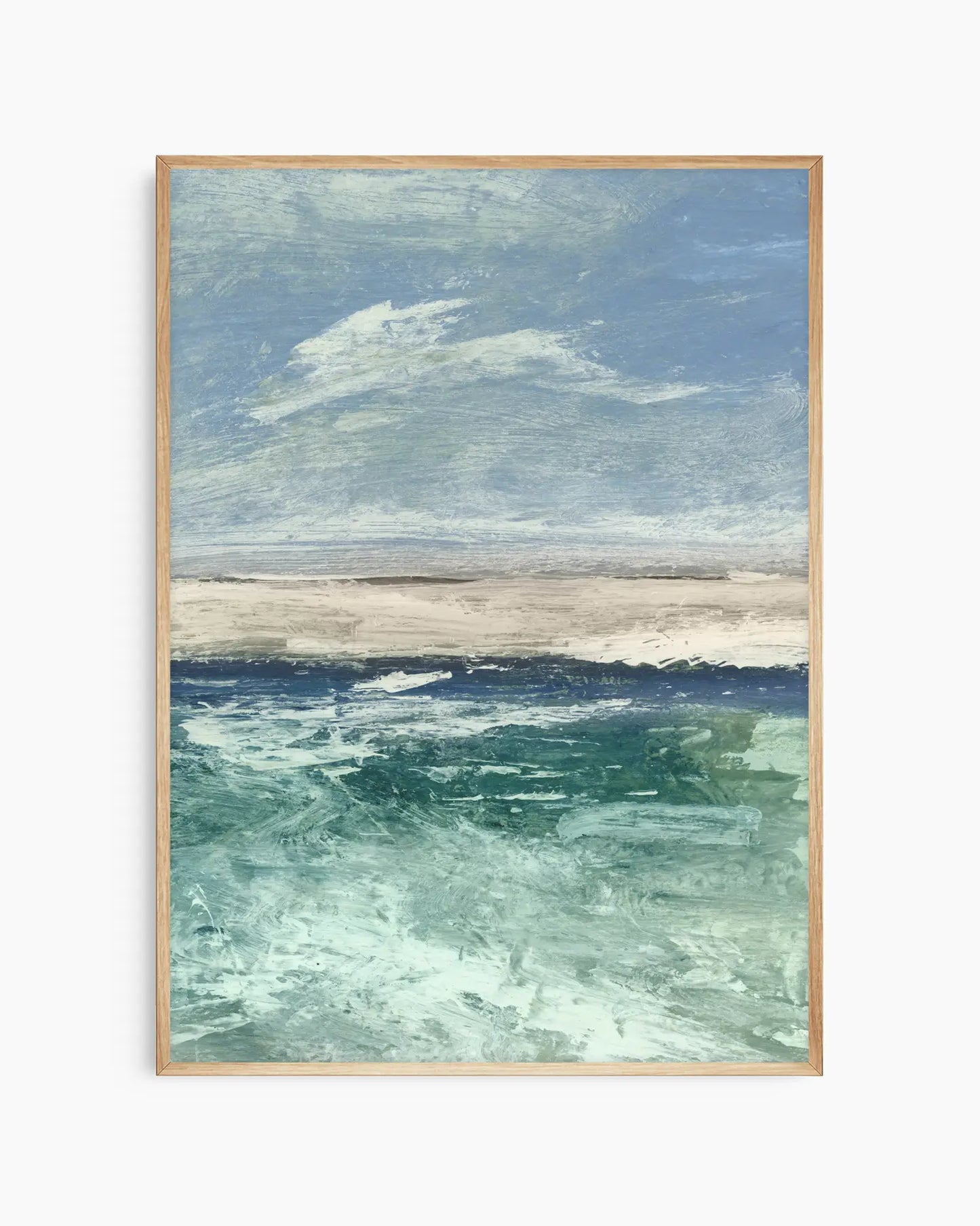 Framed artwork of a seascape with blue sky and green water.