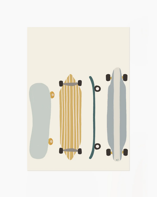 Four skateboards in different colors on a beige background