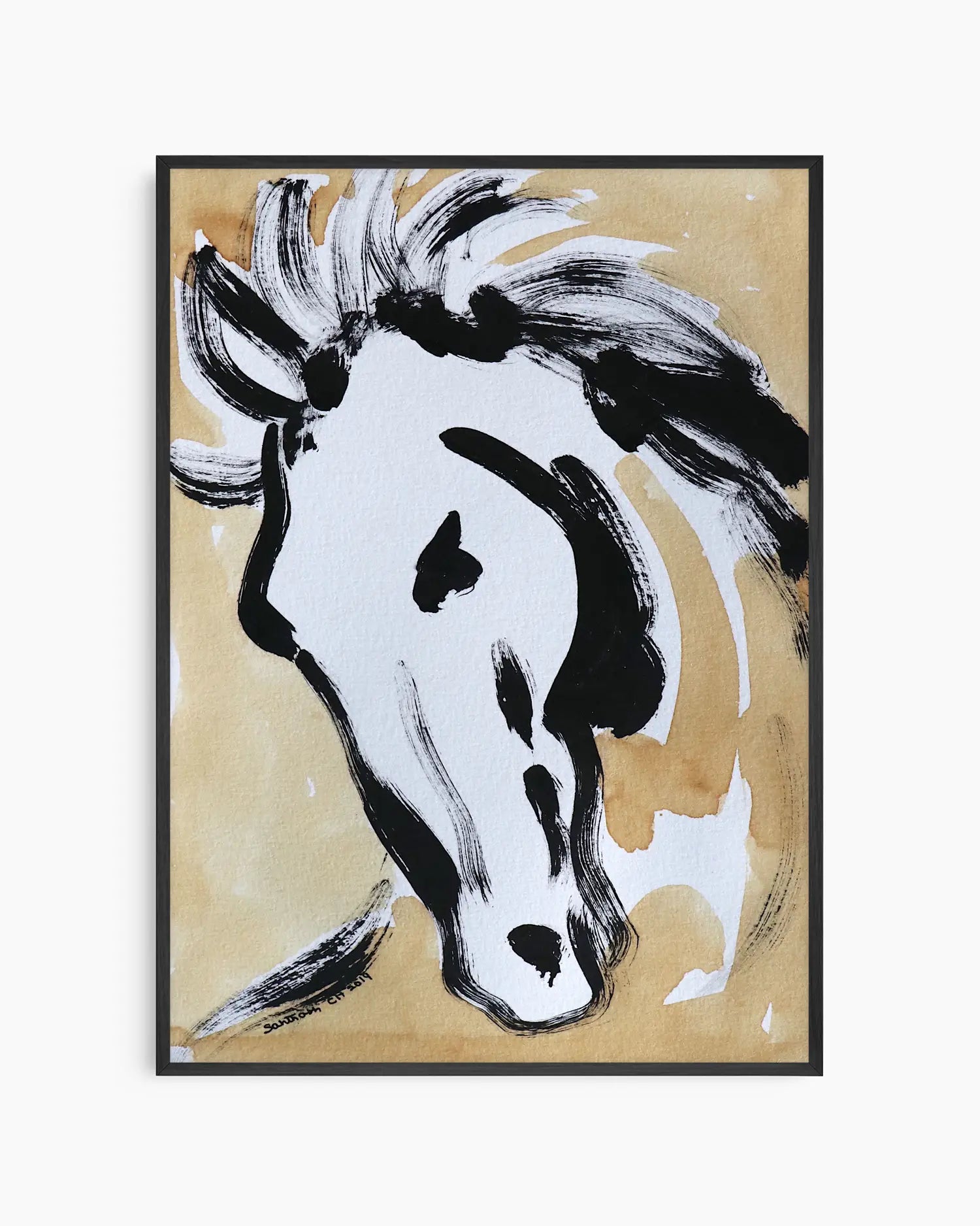 Framed artwork of a stylized horse head on a beige background