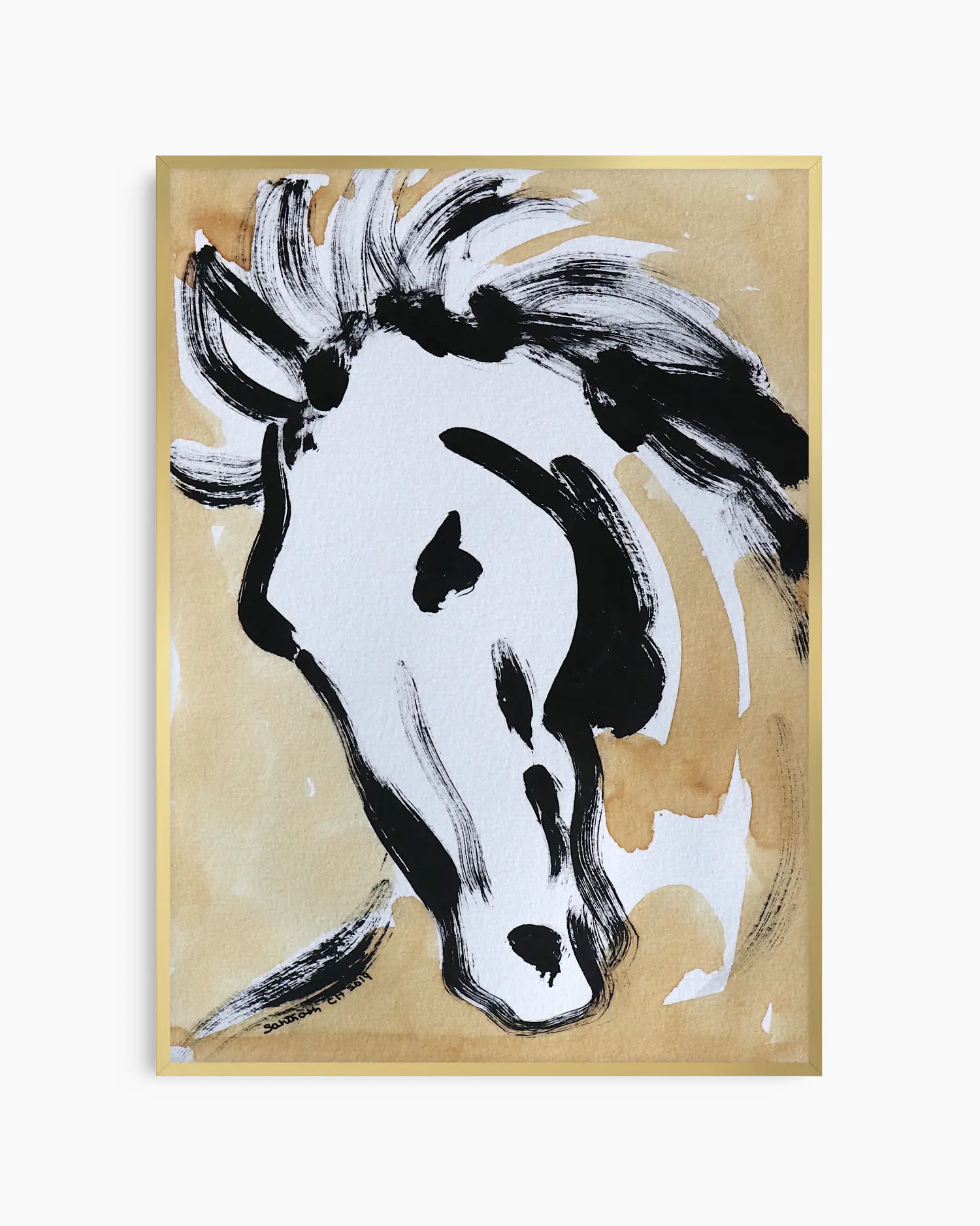 Abstract painting of a horse's head on a beige background