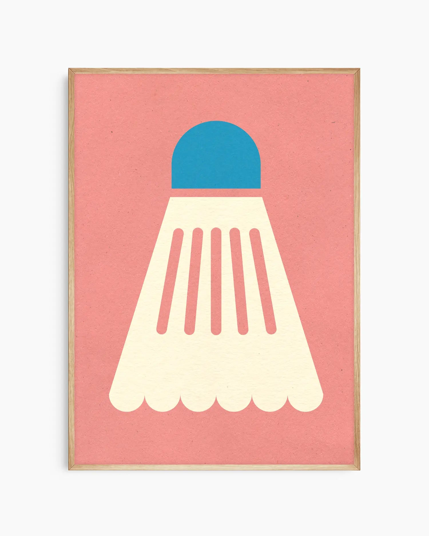 Framed artwork of a blue and white shuttlecock on a pink background