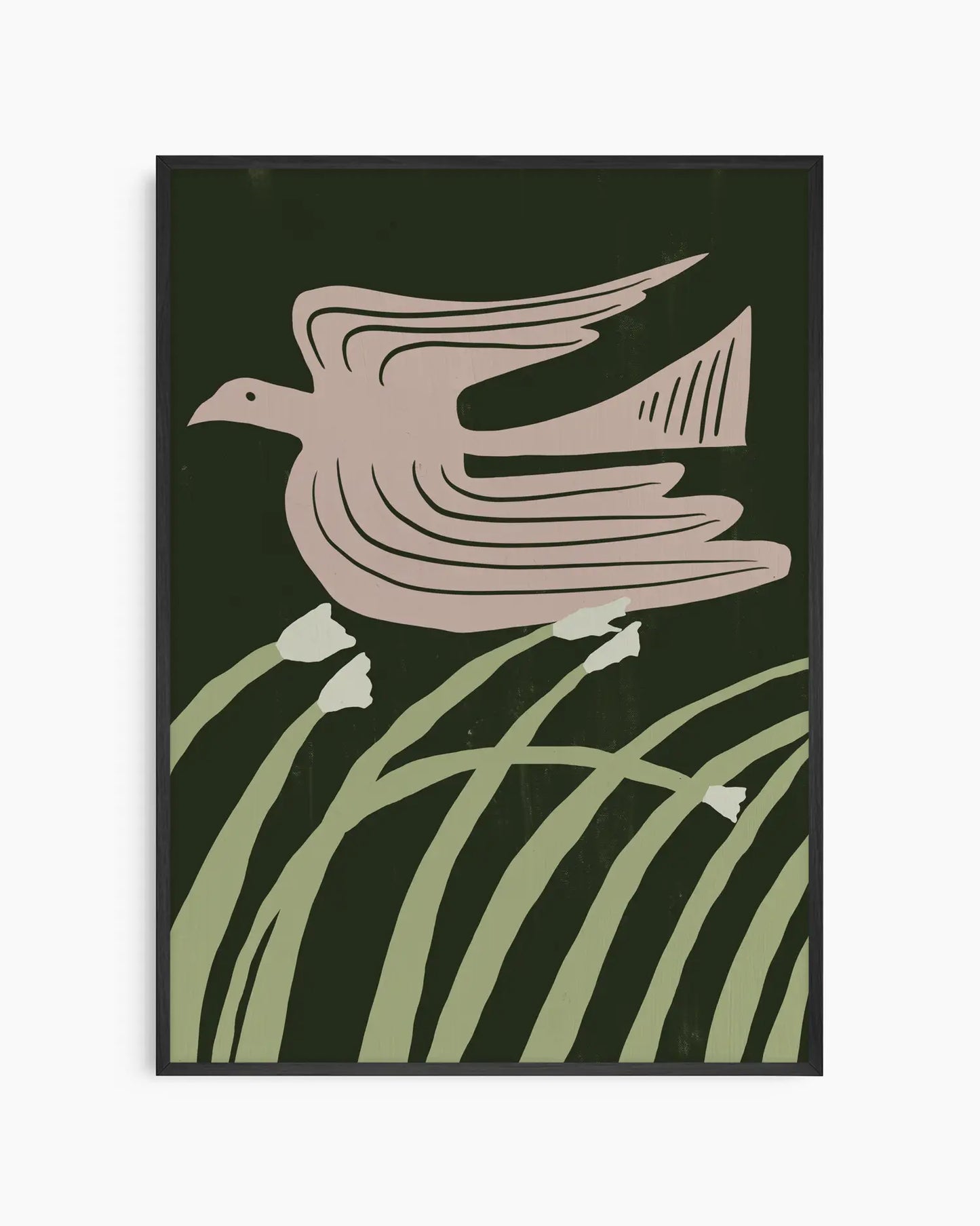 Illustration of a bird flying over grass and flowers on a dark green background