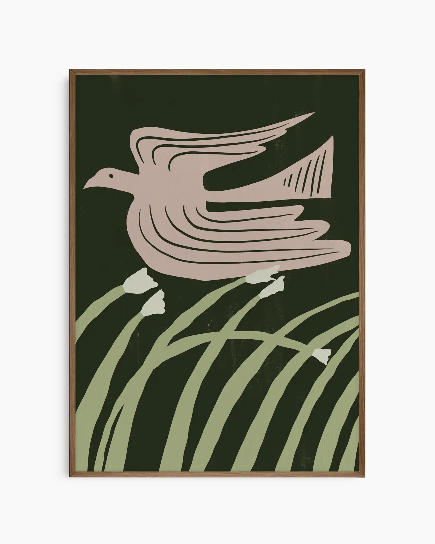 Framed artwork of a bird and grass design on a dark green background