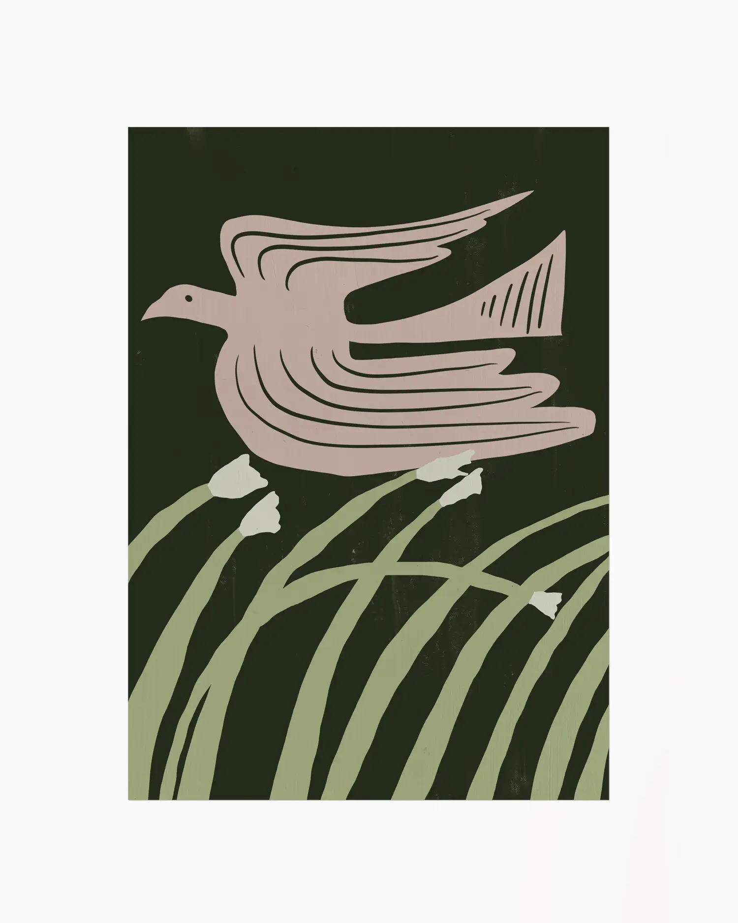 Decorative card with a stylized dove and grass design on a dark green background