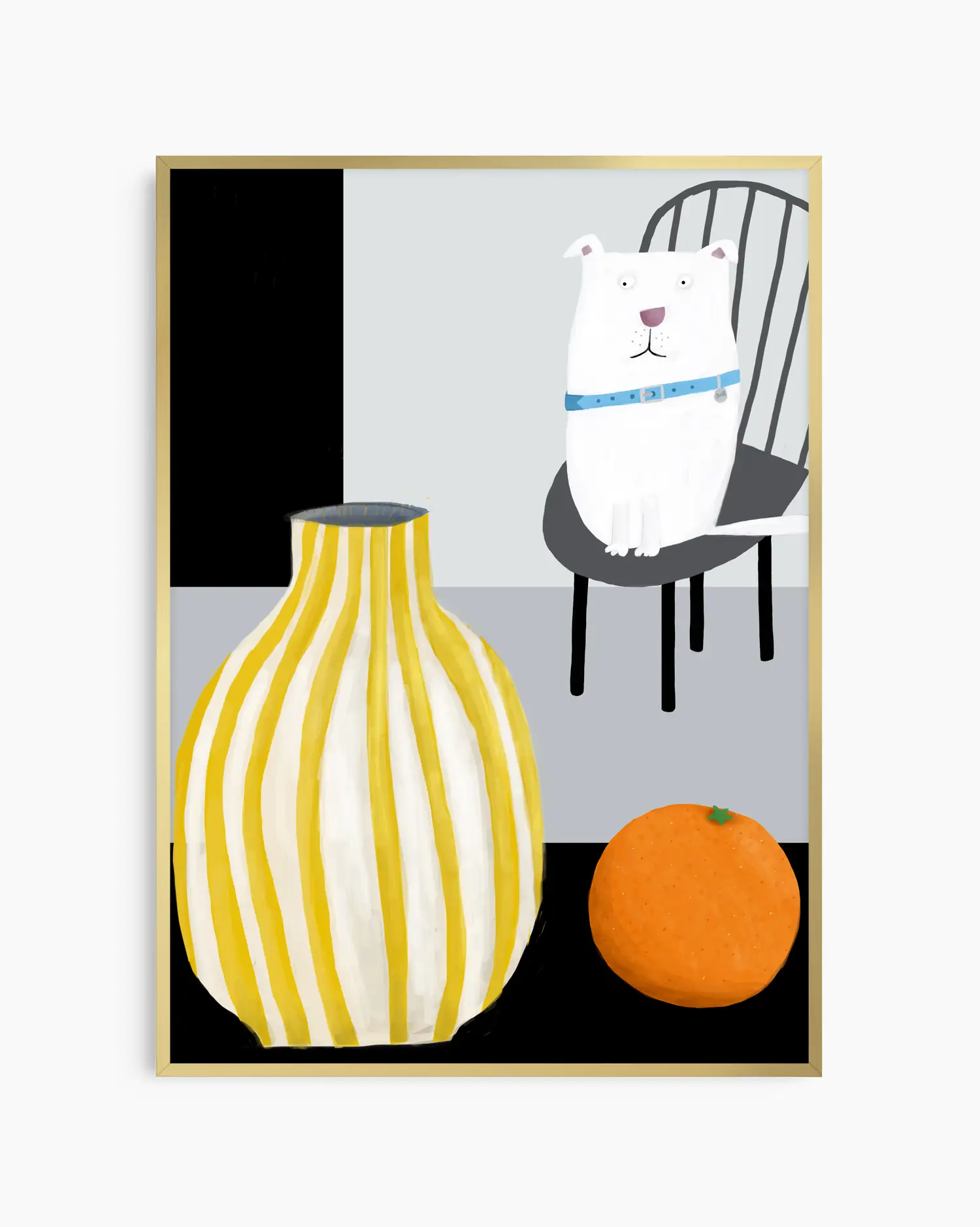Framed artwork with a white bear, yellow vase, and orange on a black and gray background