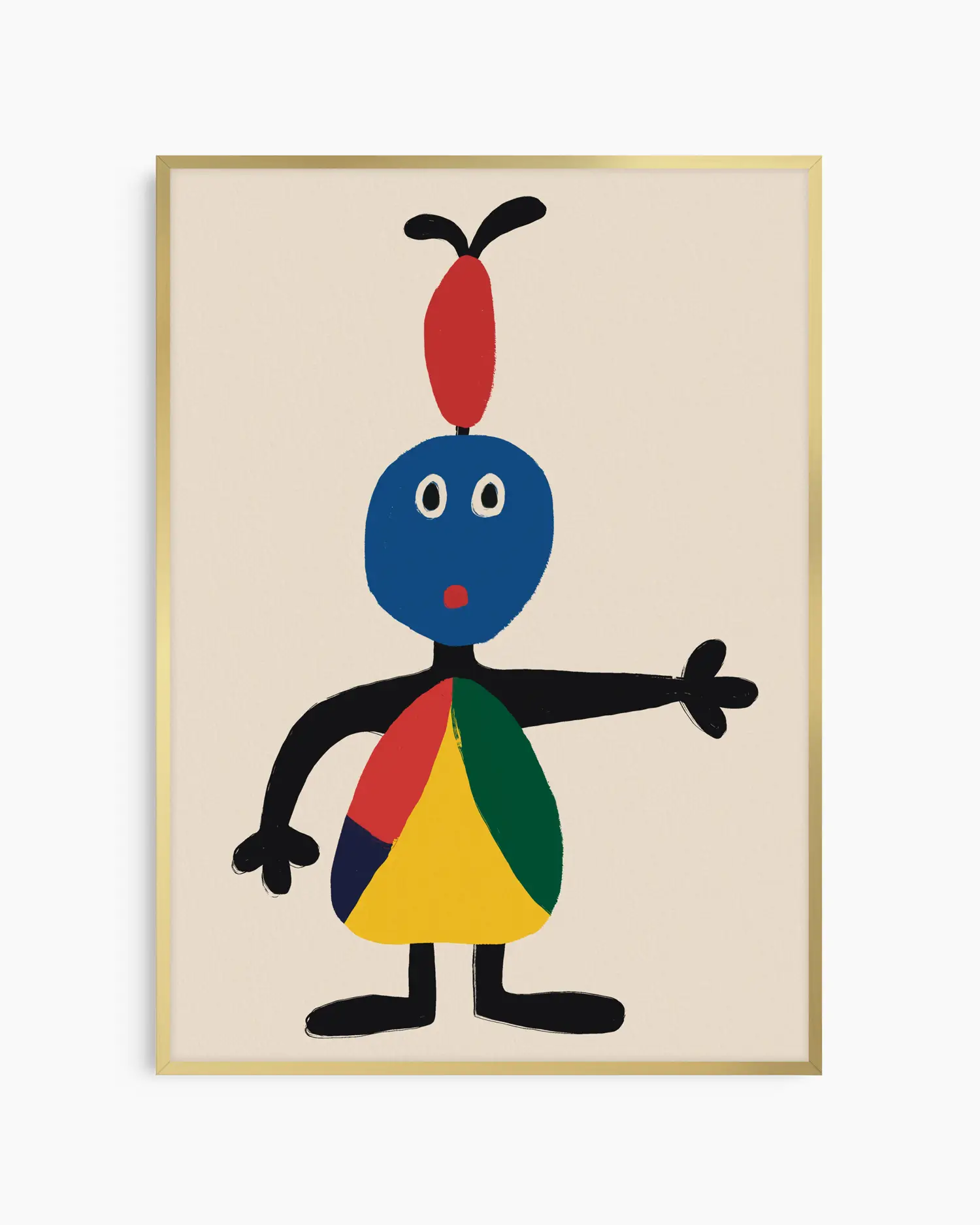 Framed artwork of a colorful abstract character with a red hairdo on a beige background