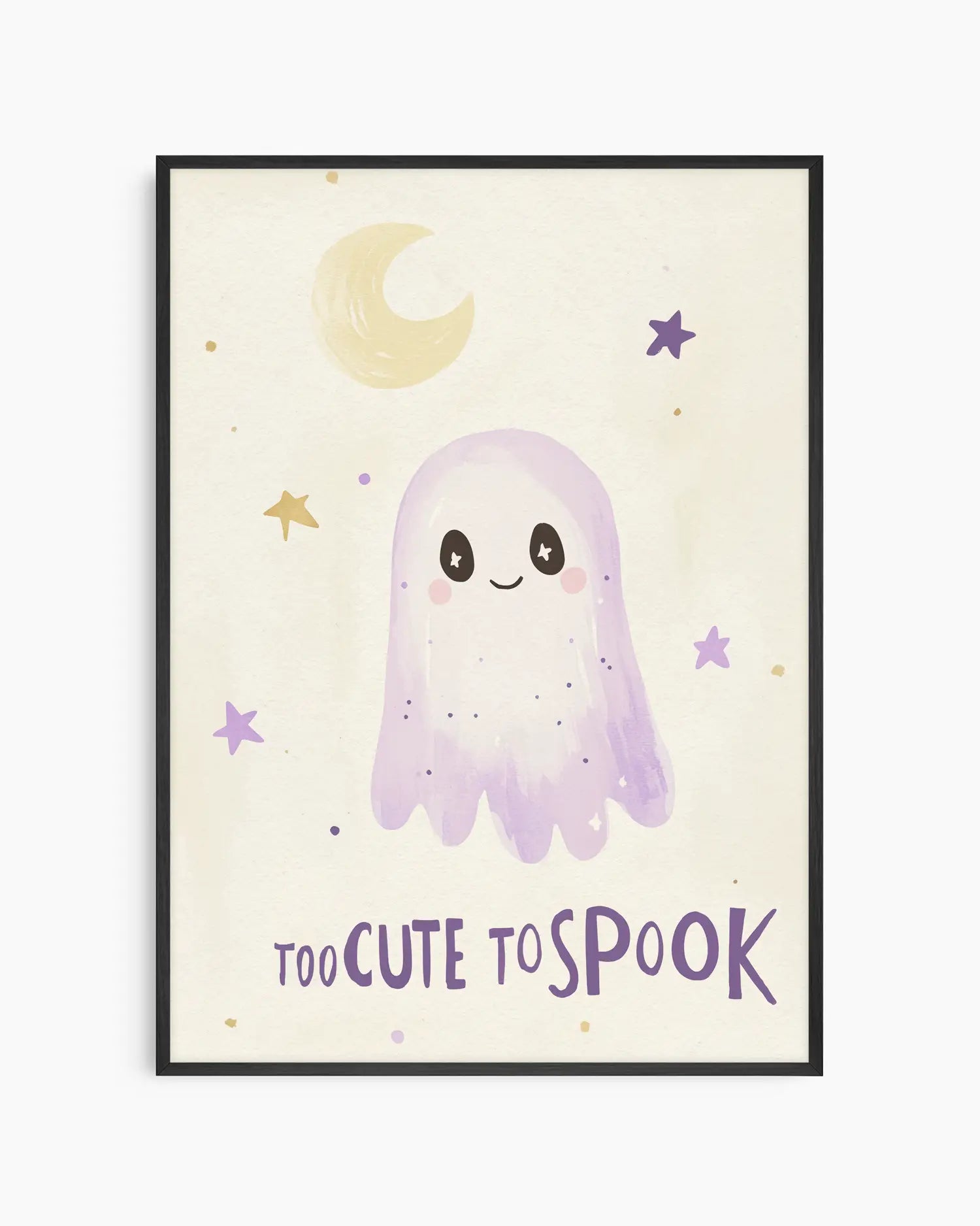 Framed artwork with a cute ghost illustration and text 'Too Cute to Spook' on a light background.