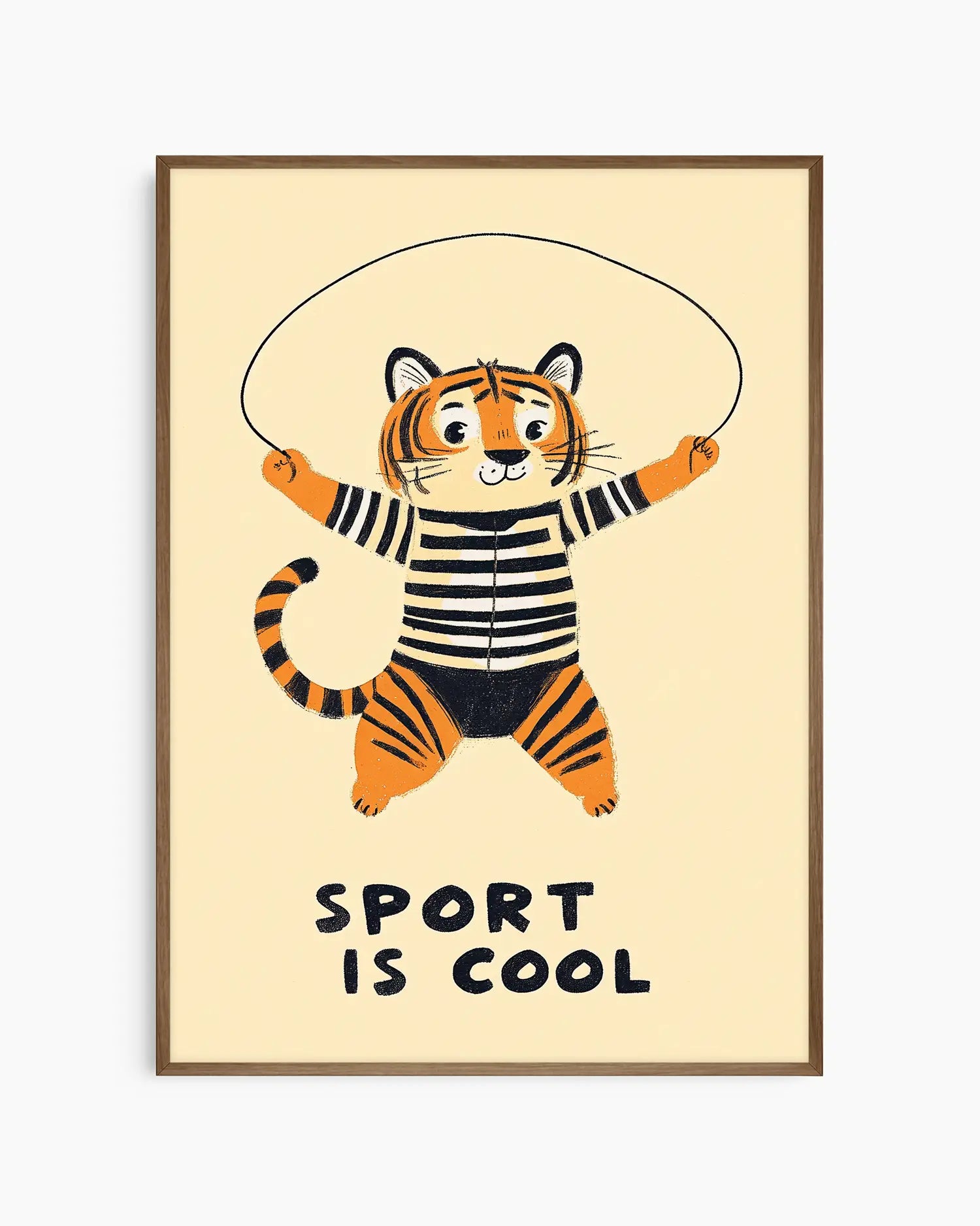 Framed artwork of a tiger character with a skipping rope and 'Sport is Cool' text on a beige background.