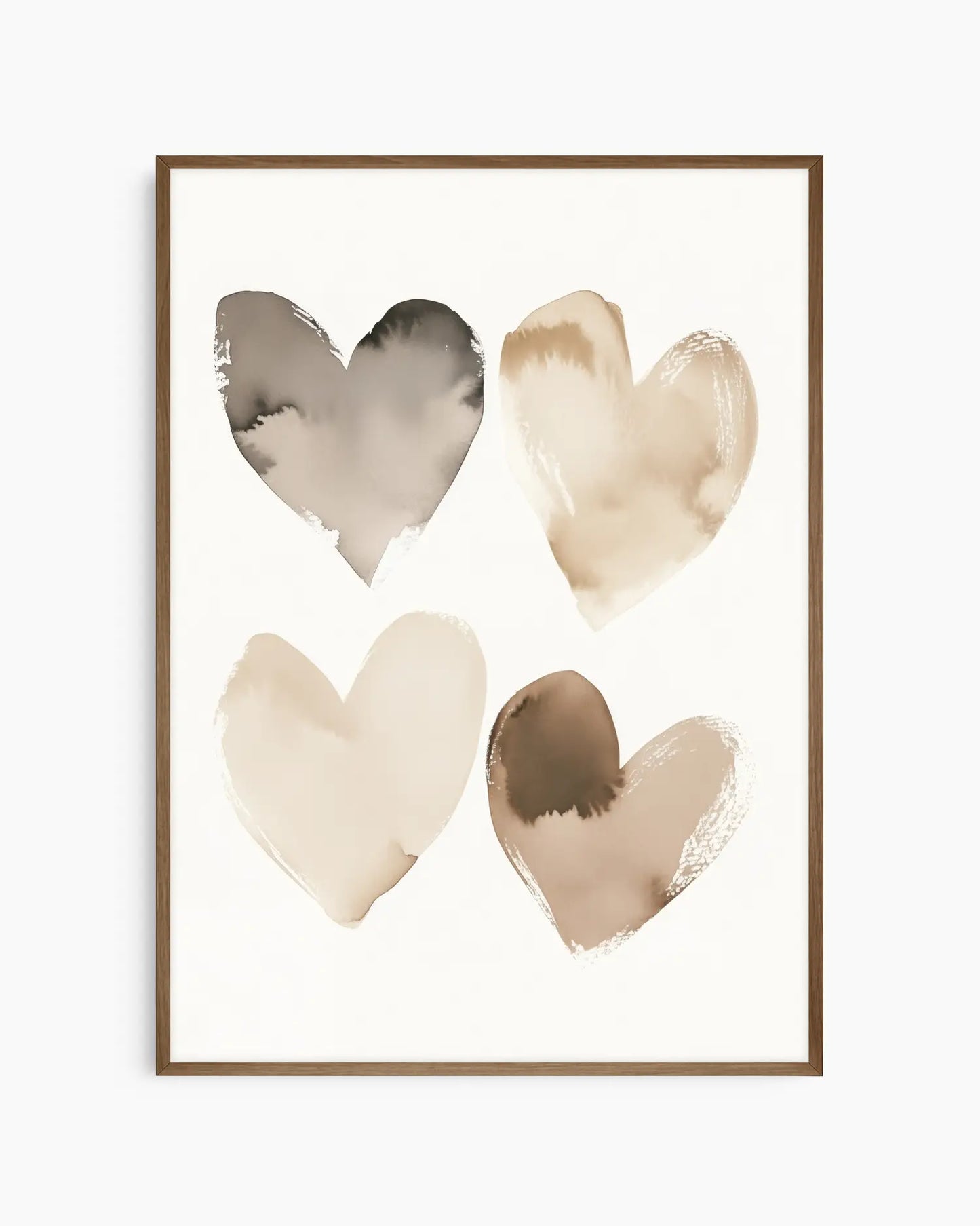 Framed artwork with four watercolor hearts in beige and brown tones on a white background