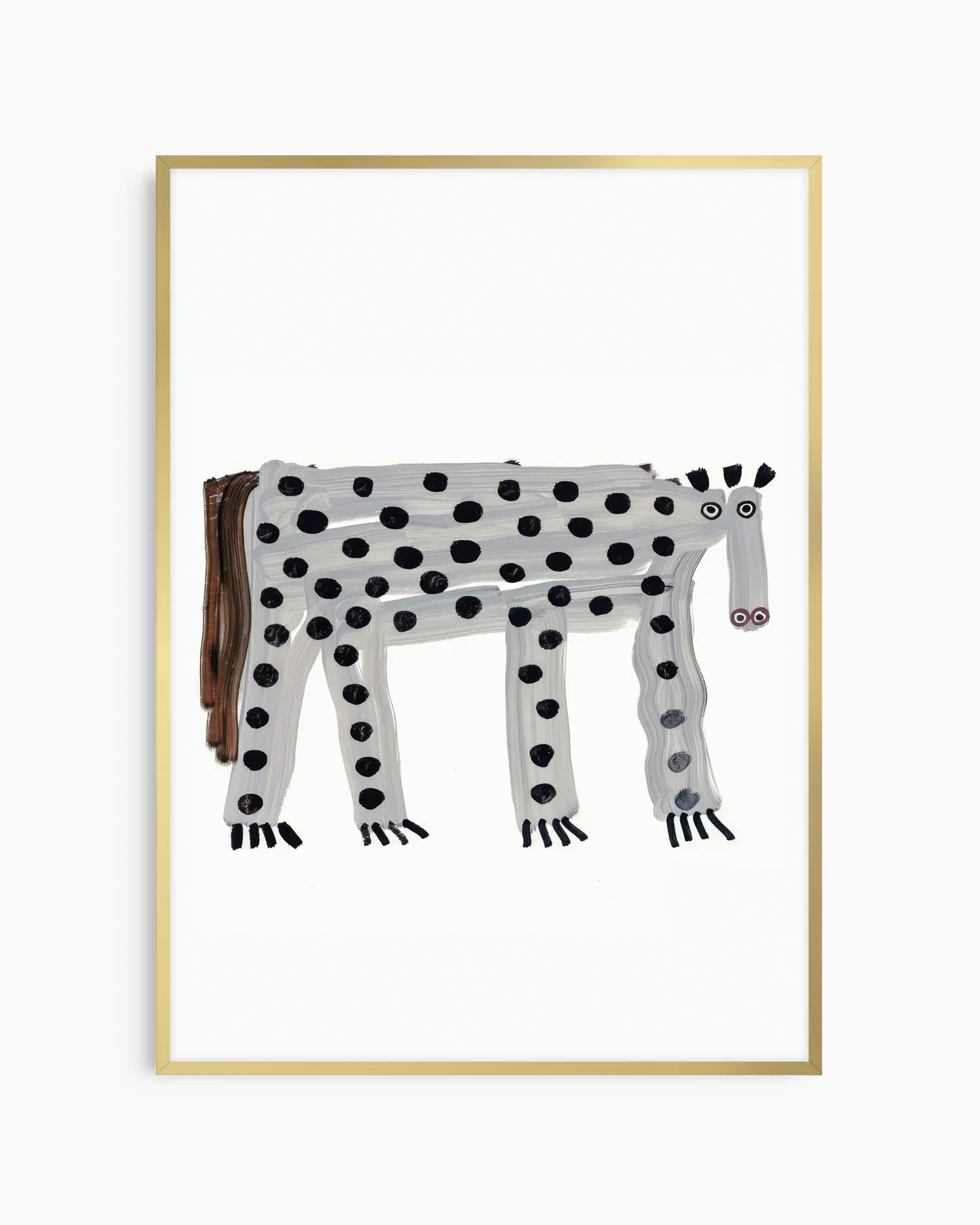 Framed artwork of a spotted horse on a white background