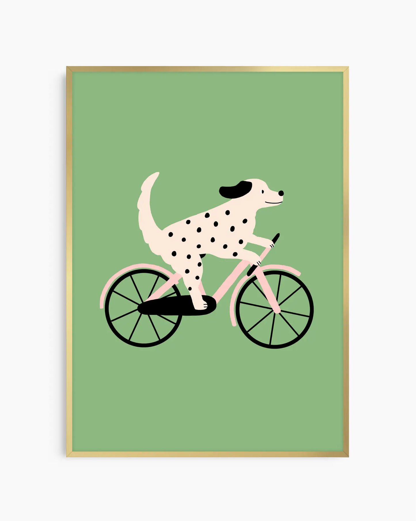 Framed artwork of a dalmatian dog riding a bicycle on a green background