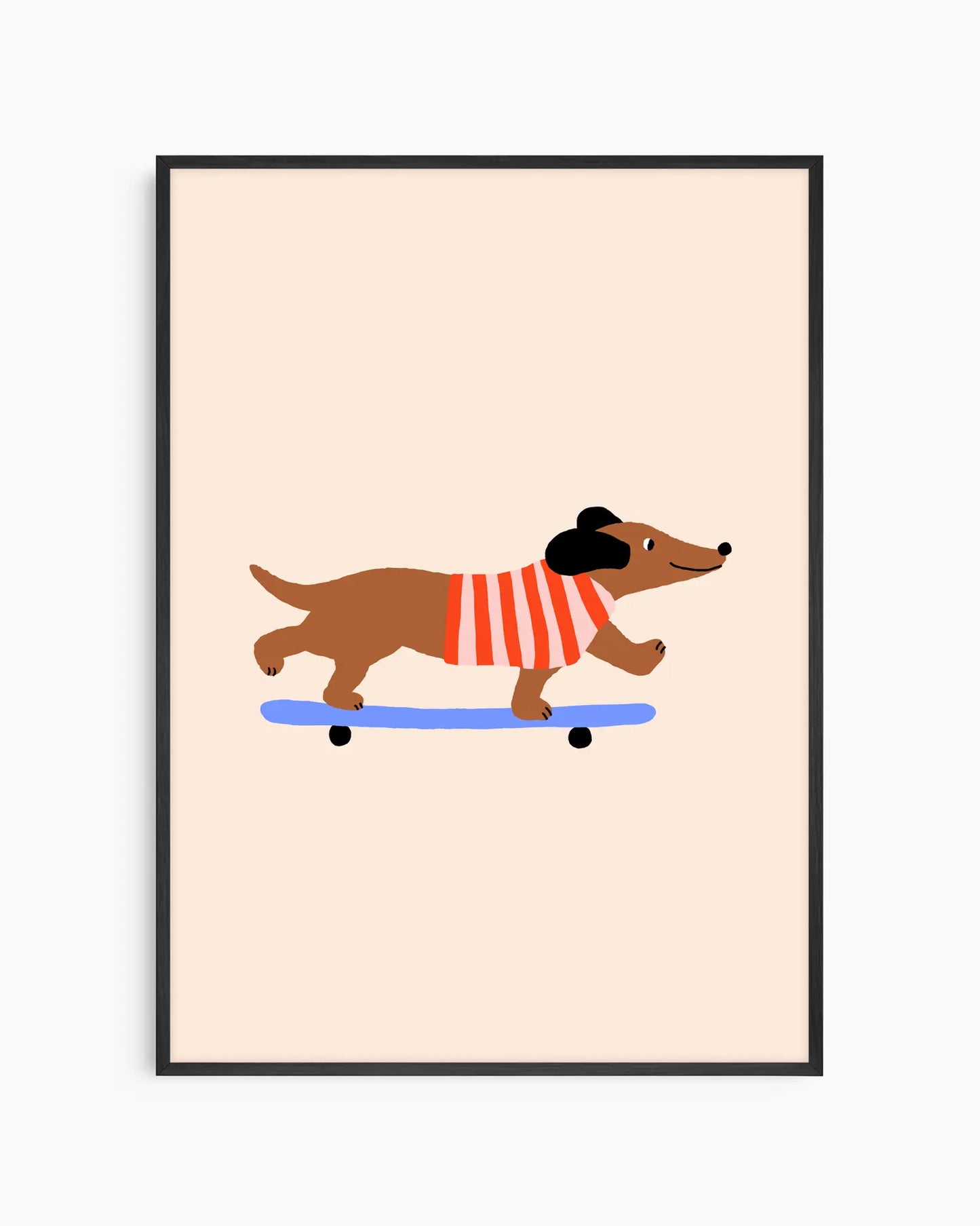 Framed artwork of a dachshund on a skateboard with a red sweater on a beige background