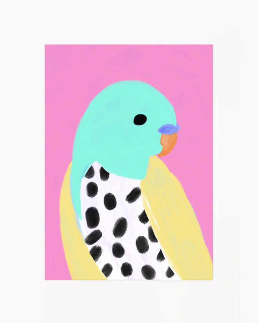 Colorful bird illustration on a pink background