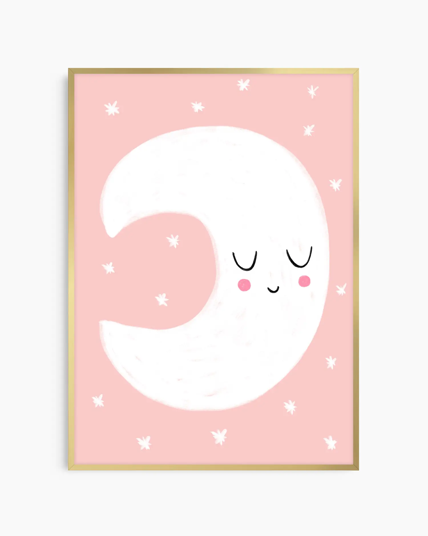 Framed artwork with a smiling moon on a pink background