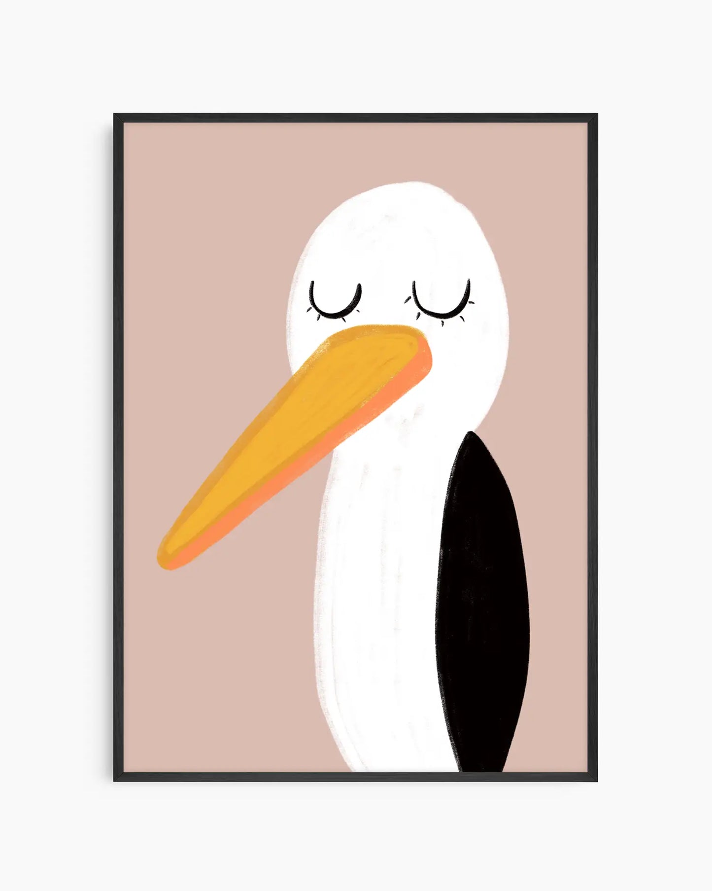 Framed artwork of a stylized pelican on a beige background