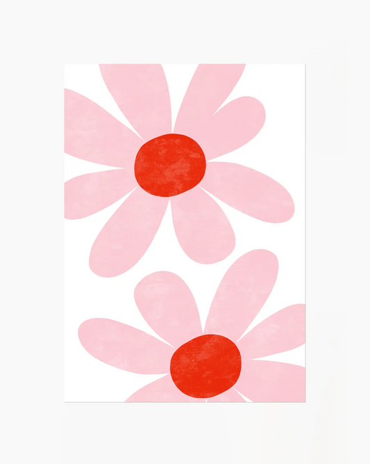 Two pink flowers with red centers on a white background