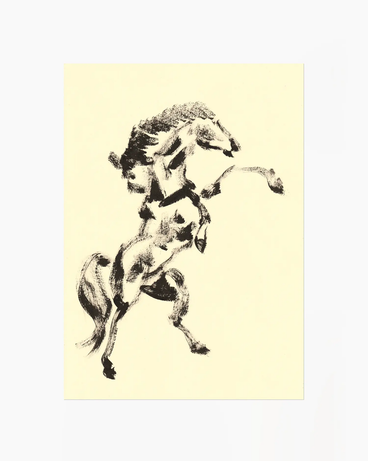 Black and white illustration of a rearing horse on a beige background