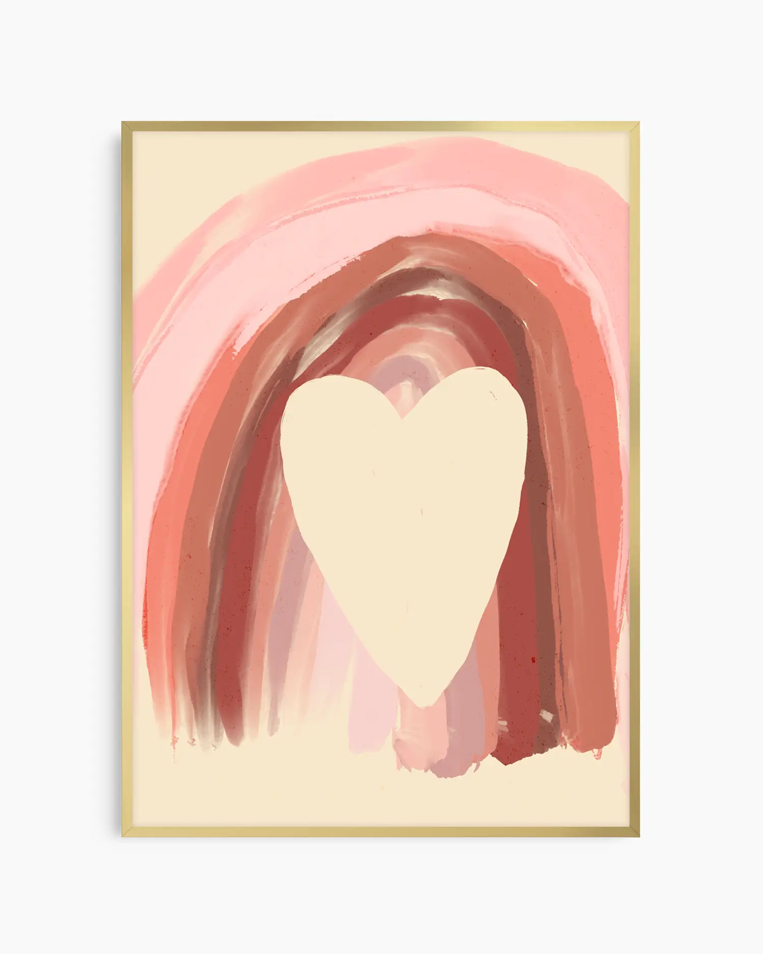 Framed abstract art with a heart shape and pink and red brushstrokes on a beige background