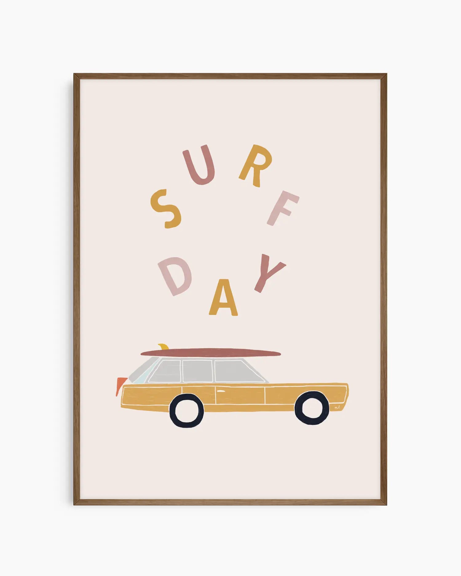 Framed artwork with a car and 'Surf Day' text on a light background