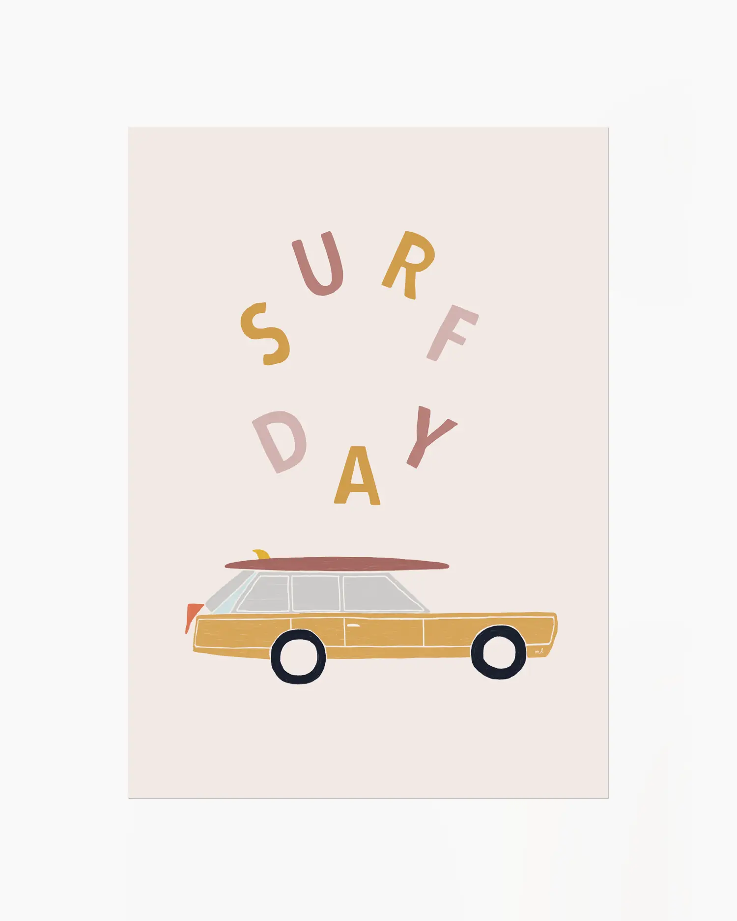 Poster with a vintage car and 'Surf Day' text on a light pink background