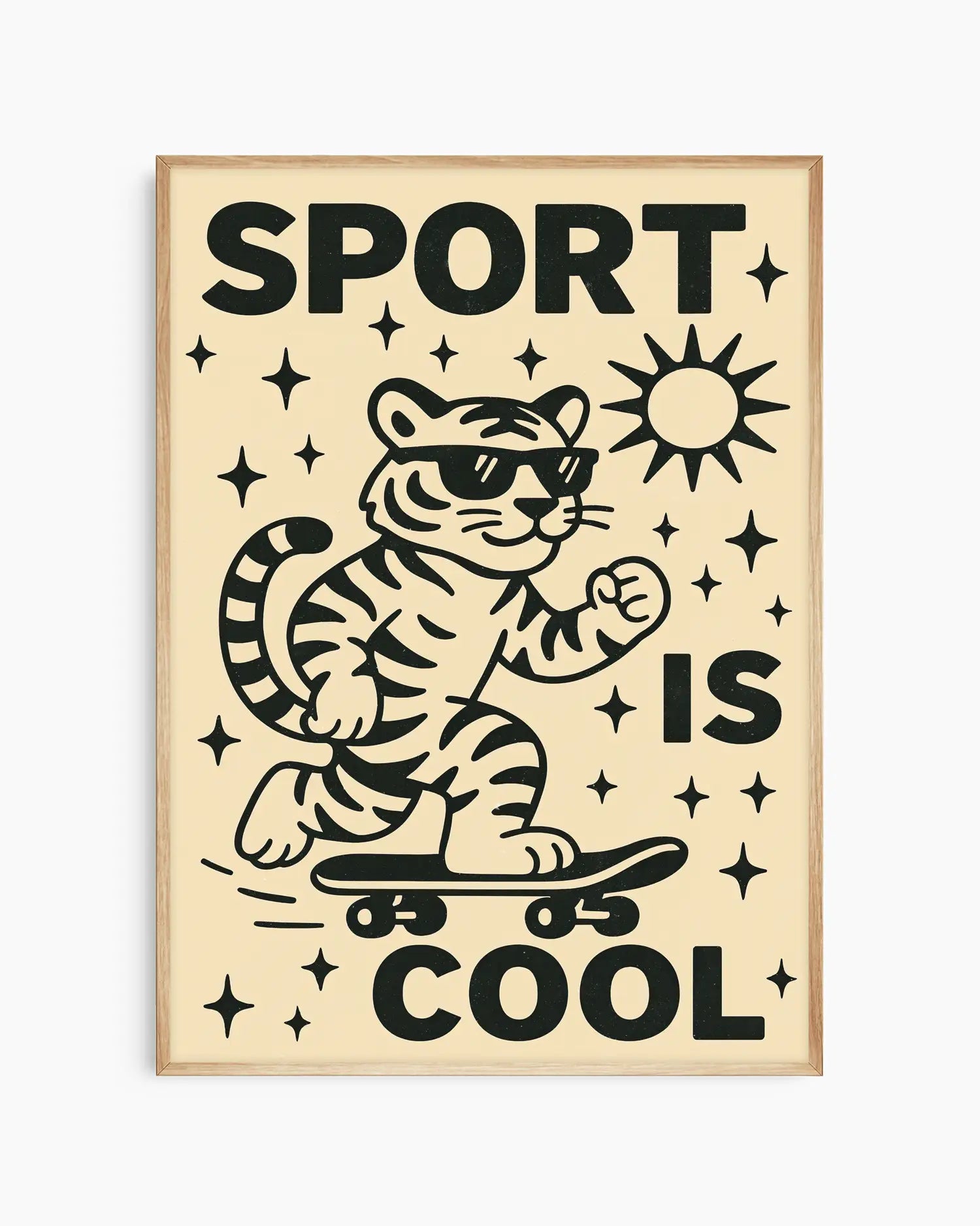 Poster with a tiger on a skateboard and 'Sport is Cool' text on a beige background