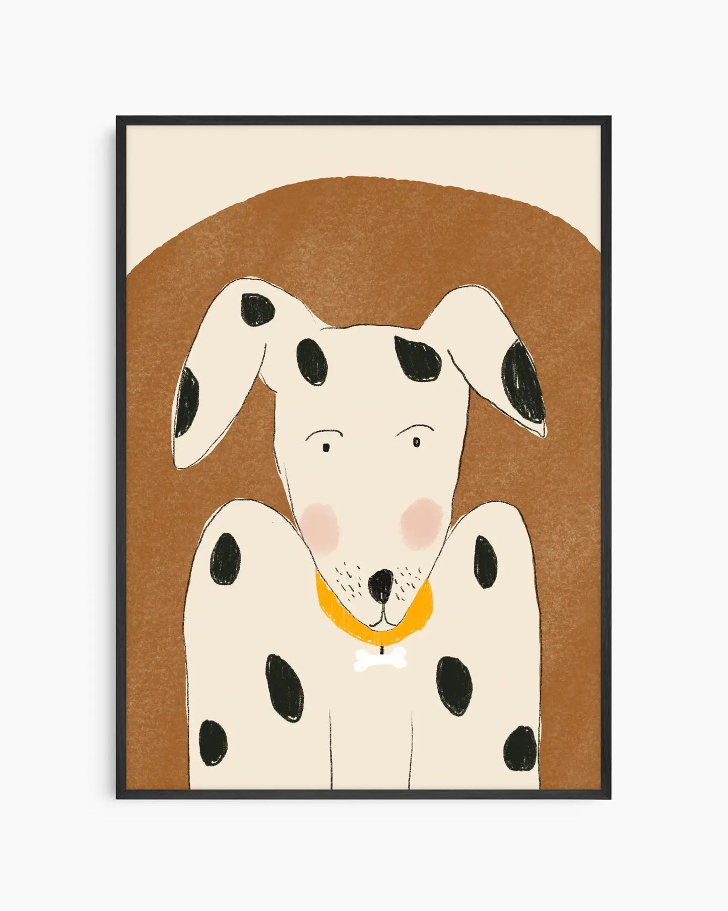 Framed artwork of a dalmatian dog with a brown background