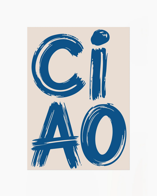 Nursery poster with 'CIAO' in blue on a beige background.