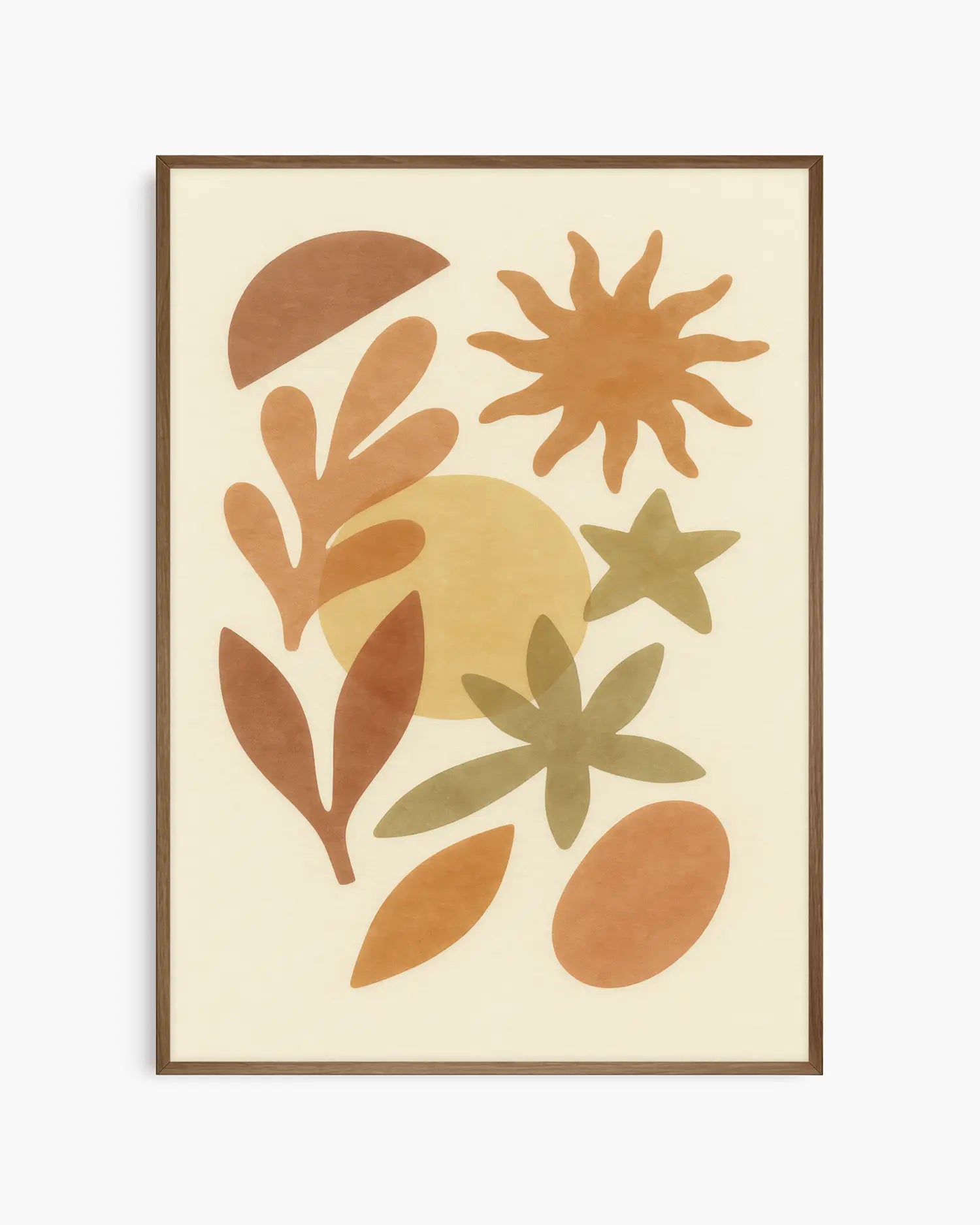 Framed artwork with abstract leaf shapes in brown, green, and yellow on a beige background