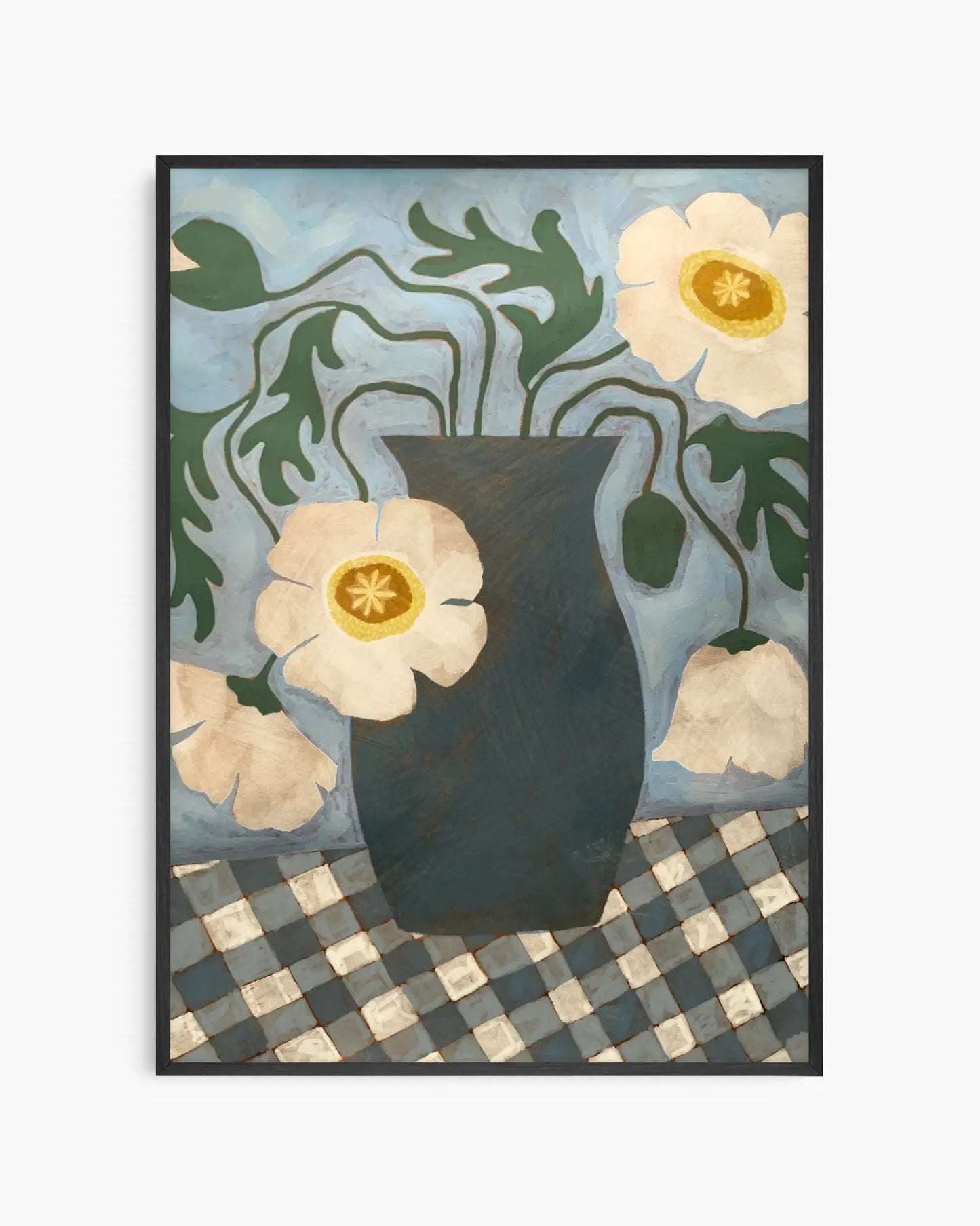 Framed artwork of a vase with flowers on a checkered surface