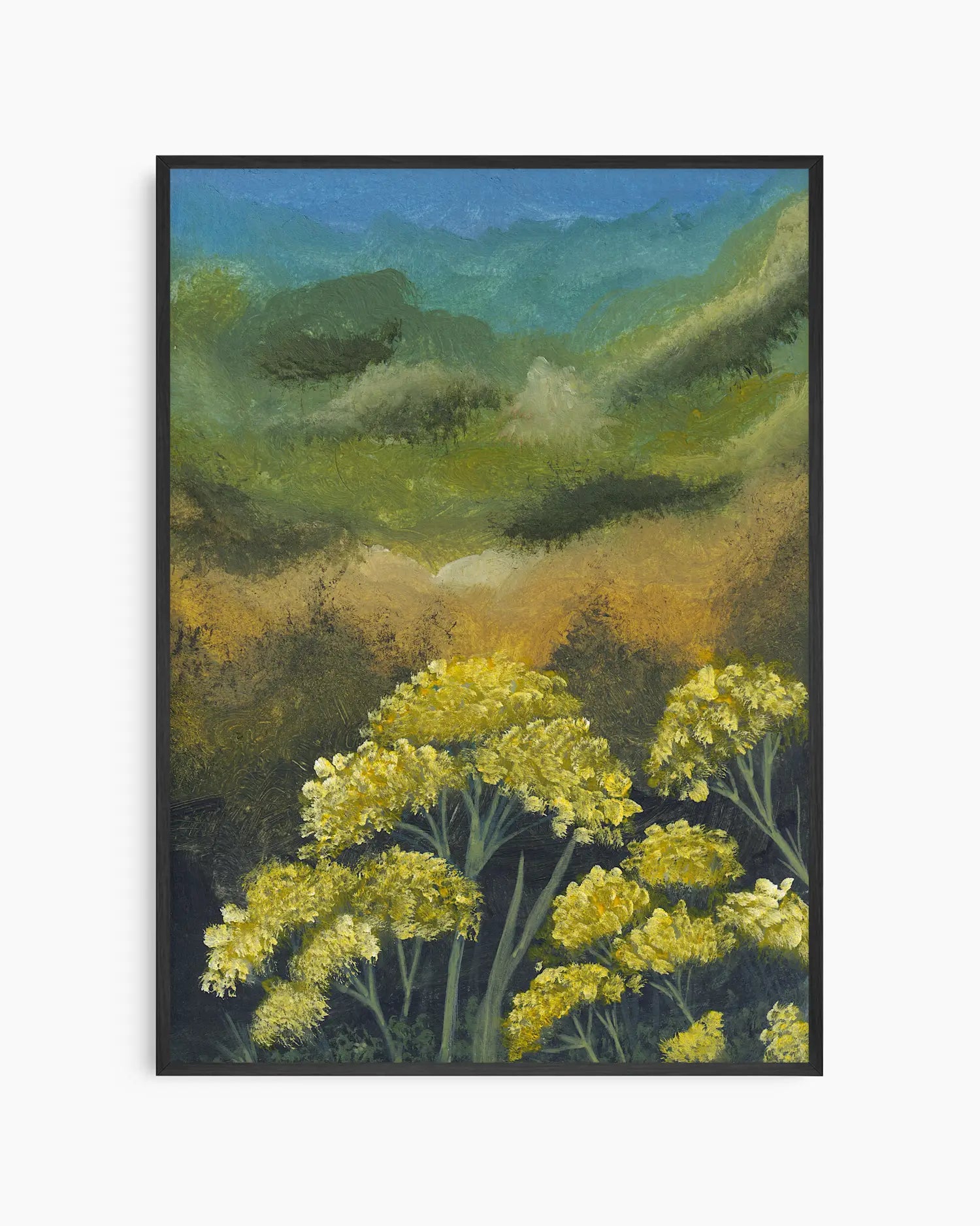 Framed painting of a landscape with yellow flowers and green hills.