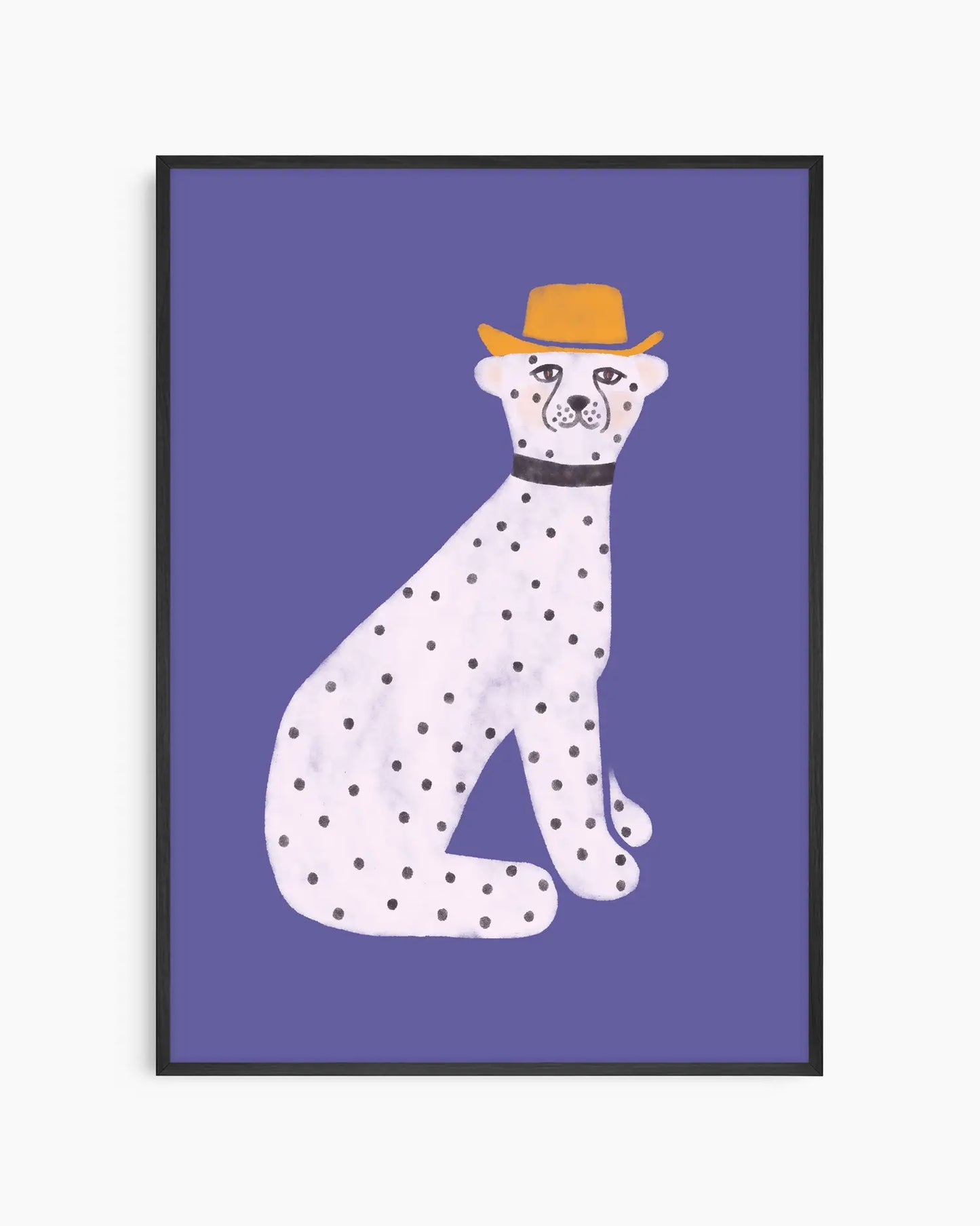 Illustration of a dalmatian dog wearing a hat on a purple background. Black frame.