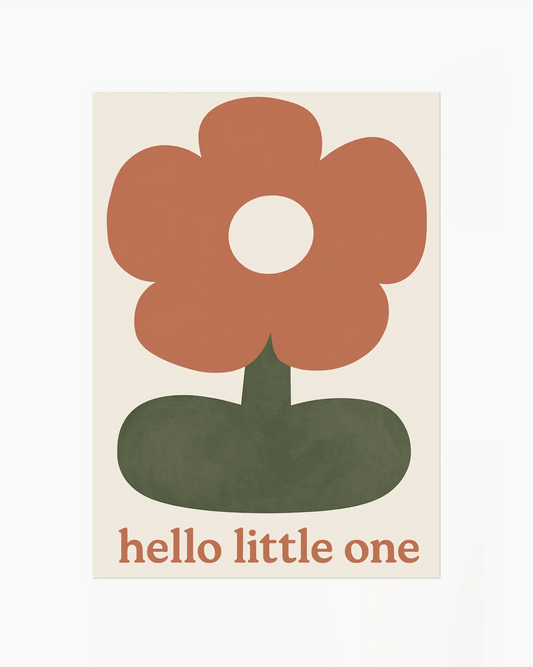 Floral design with 'hello little one' text on a beige background