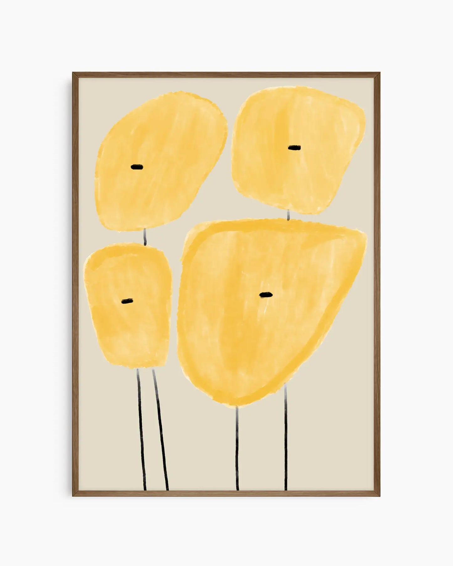 Framed abstract art with yellow shapes on a beige background