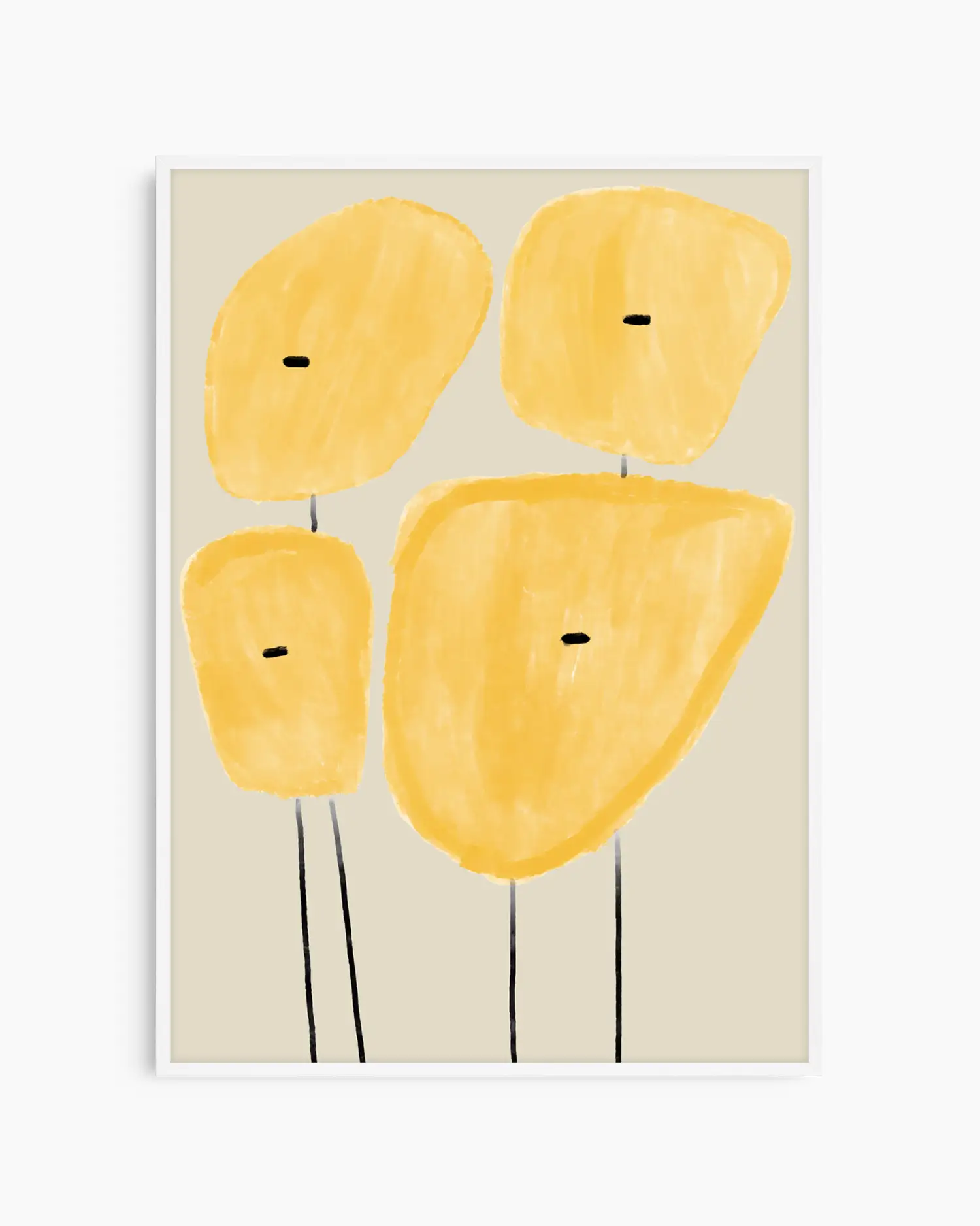 Abstract art print with yellow shapes on a beige background