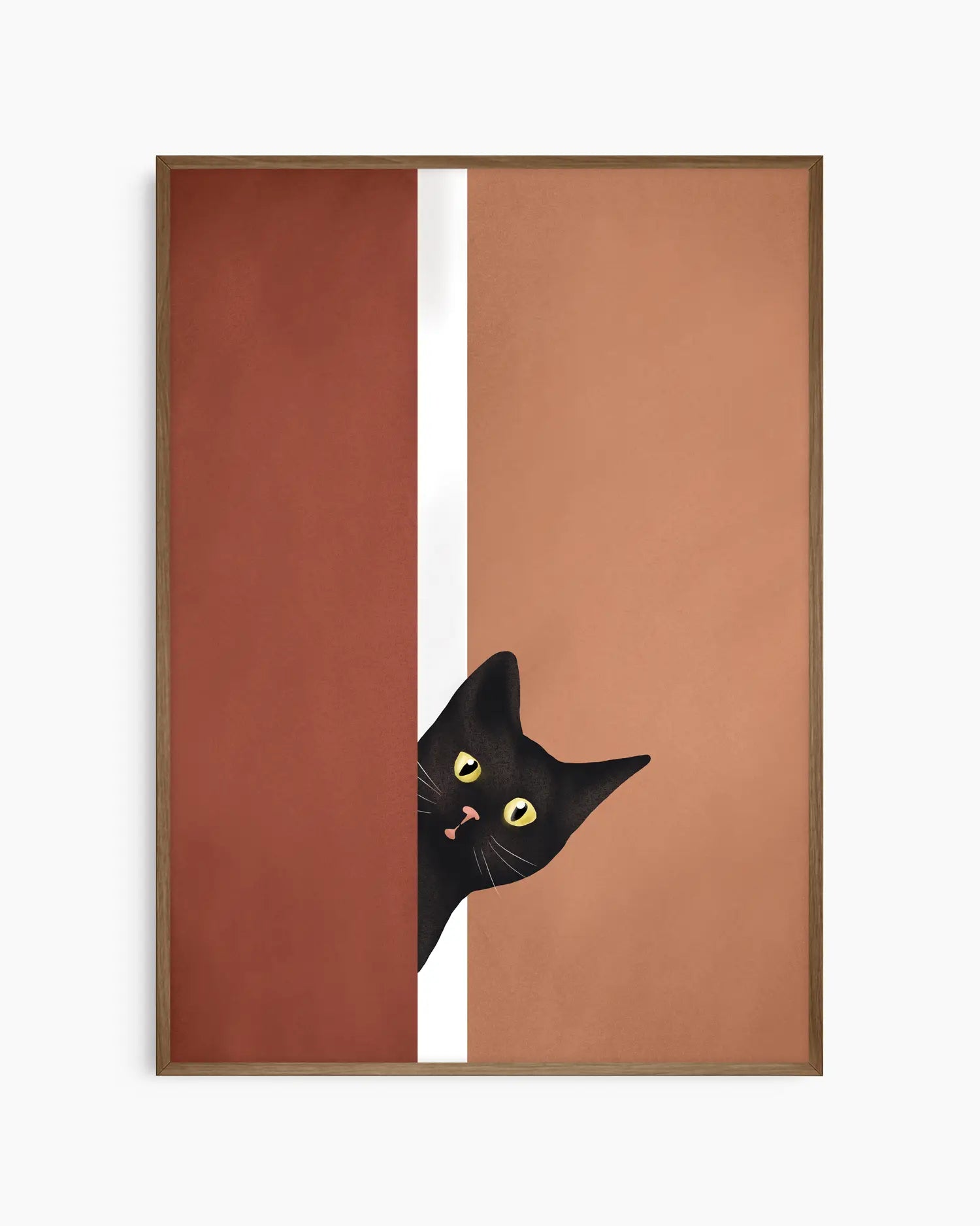 Black cat peeking out from a door with a white stripe