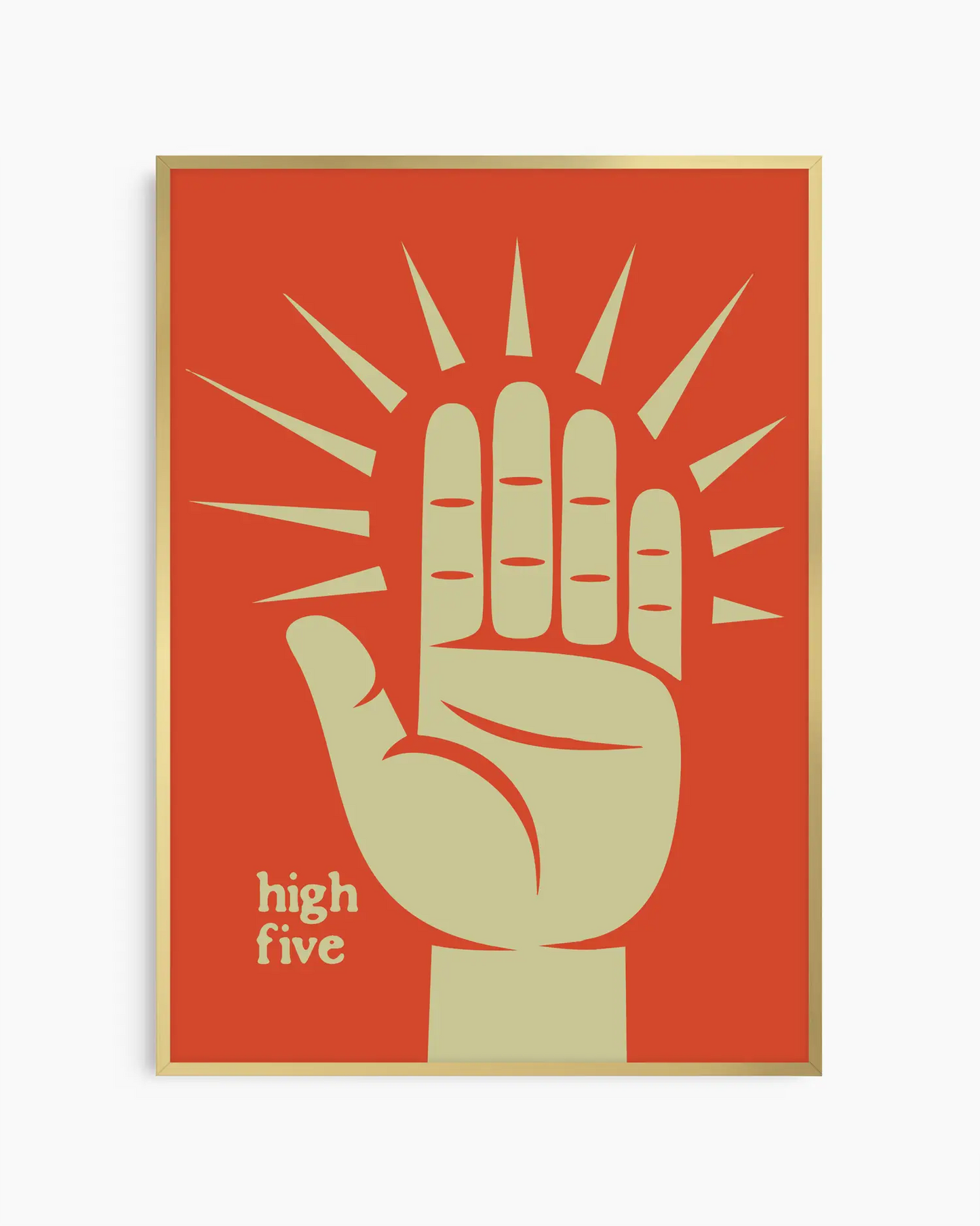 Nursery poster with a graphic of a hand giving a high-five on a red background framed in a golden aluminium frame.