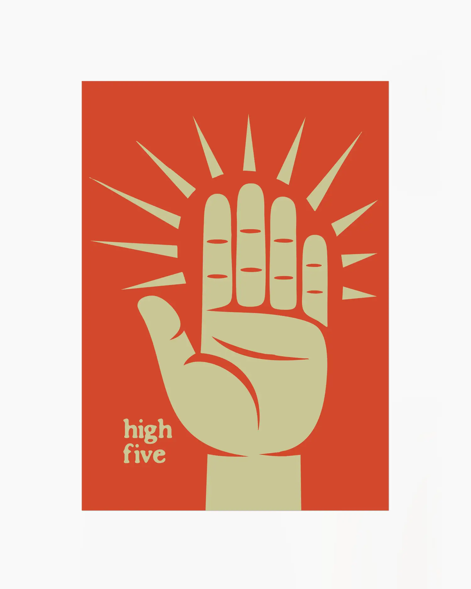 Nursery poster with a graphic of a hand giving a high-five on a red background.