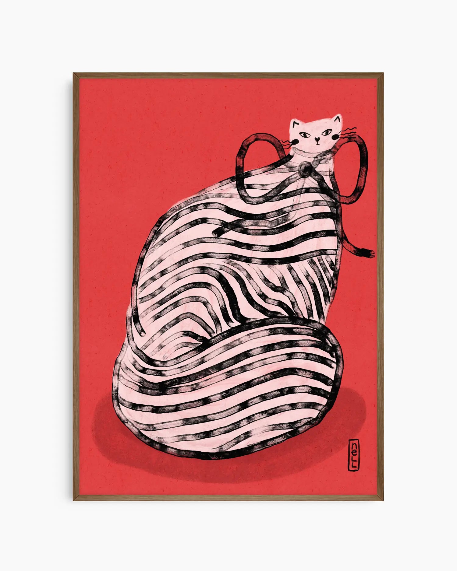 Framed artwork of a cat in a zebra-striped dress on a red background
