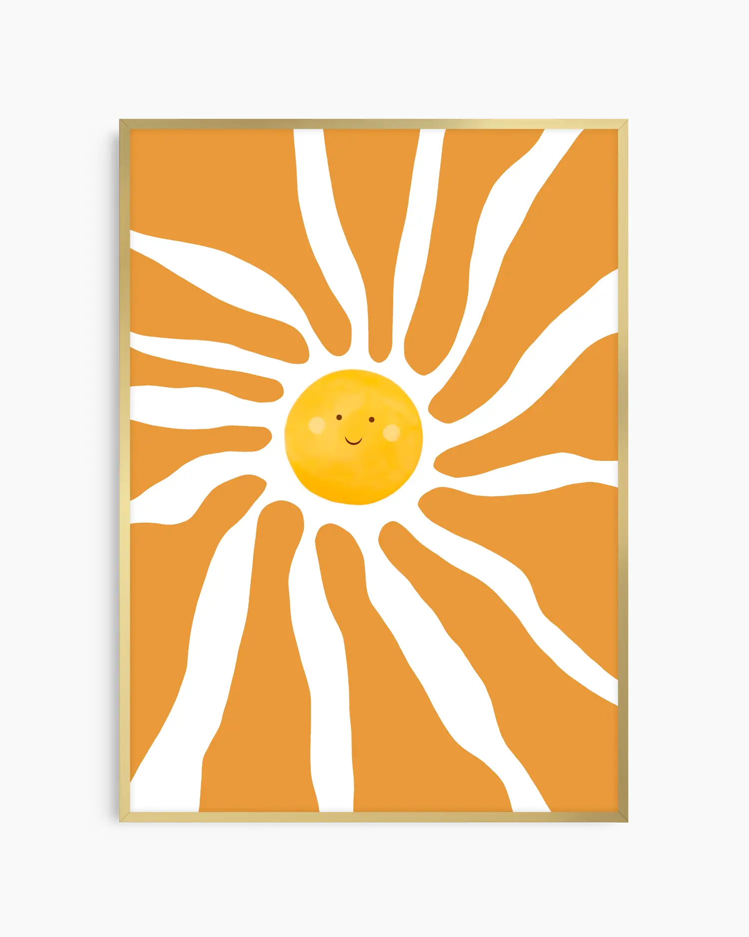 Framed artwork of a sun with a smiling face on an orange background