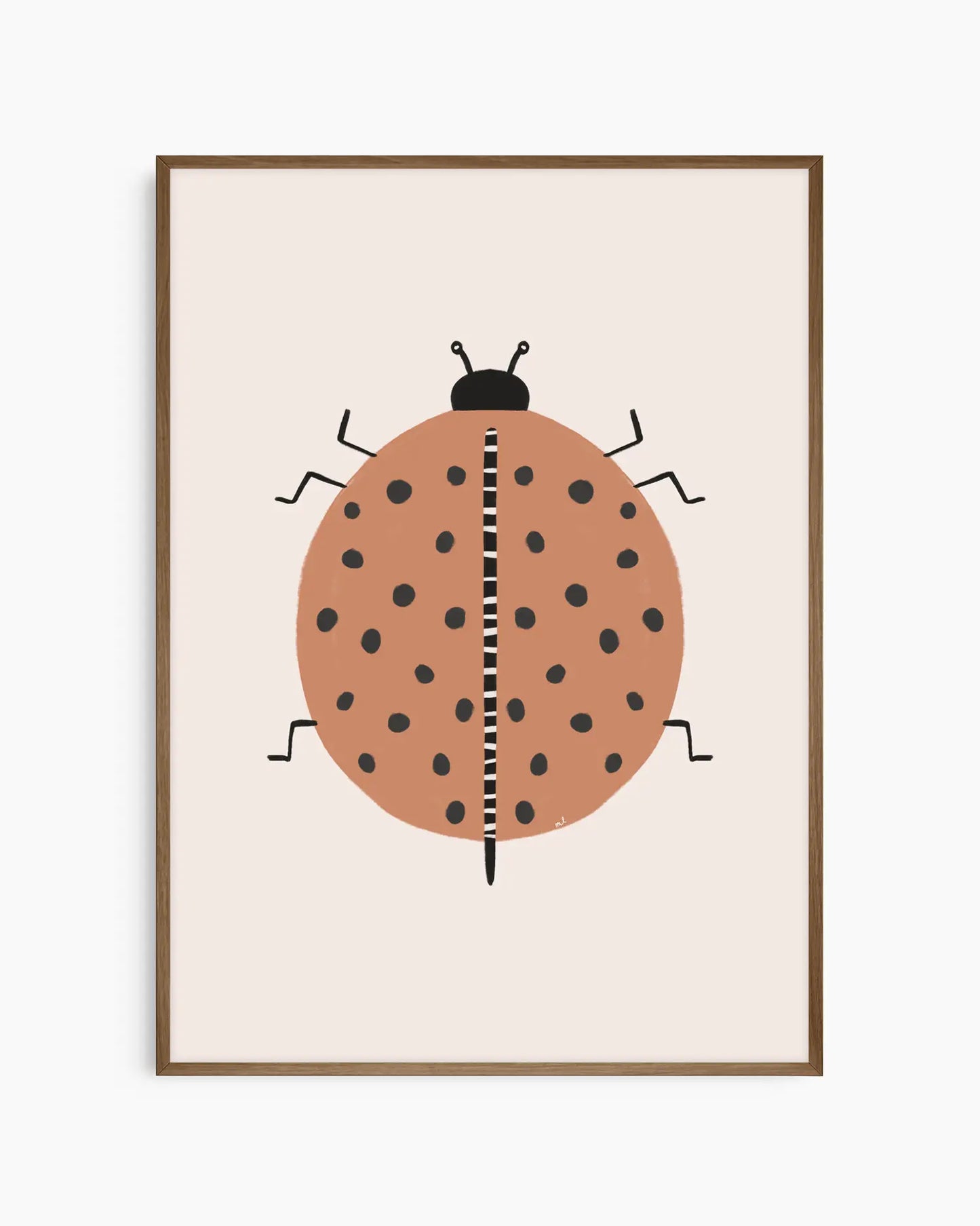 Framed artwork of a ladybug on a beige background