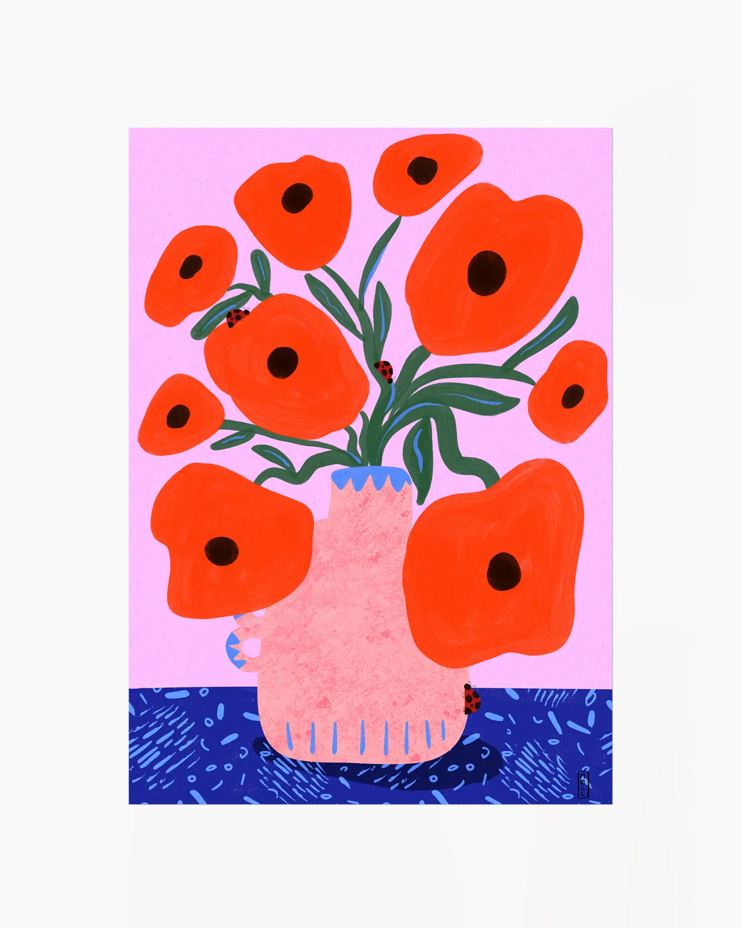 Artwork with red flowers and a pink vase on a pink background. 