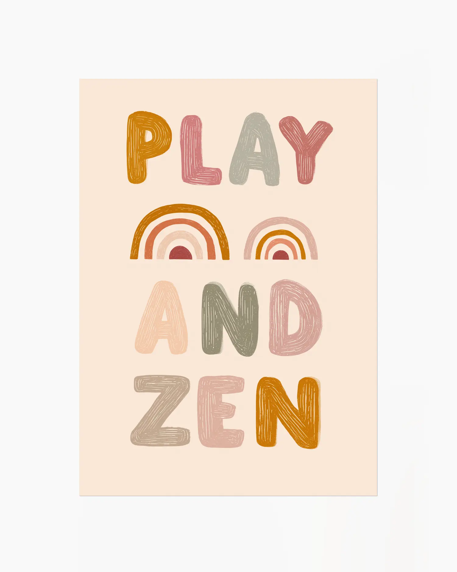 Poster with 'PLAY AND ZEN' text and rainbow design on a beige background
