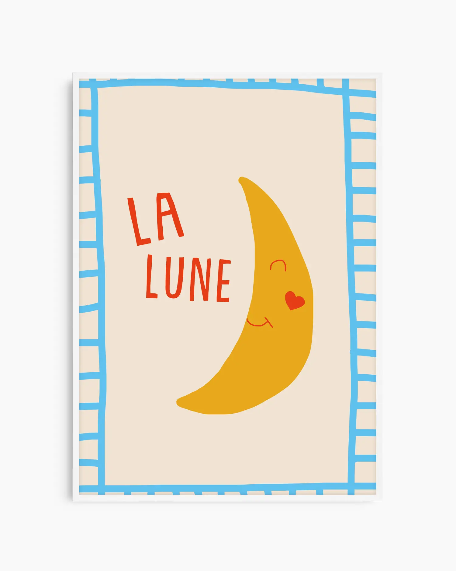 Poster with a yellow moon illustration and 'LA LUNE' text on a beige background with blue border