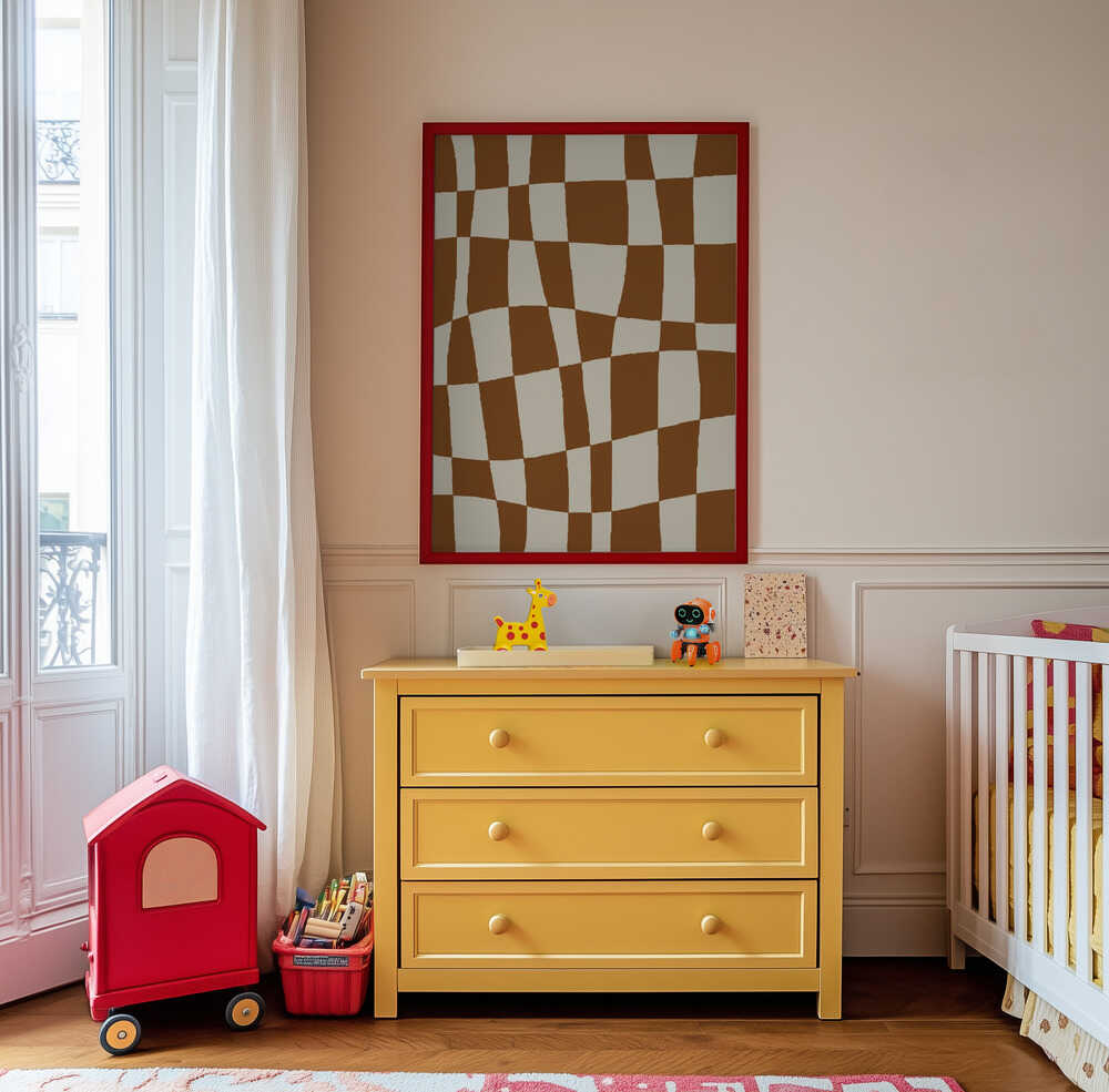 Playful geometric wall art with a wavy brown and beige checkerboard pattern, hanging above a yellow dresser in a kids’ room. A trendy yet timeless print that fits both playful and minimalist interiors.