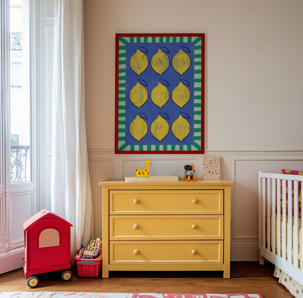 Poster of lemons on a blue background and a green striped frame around it hanging on the wall in the children's room