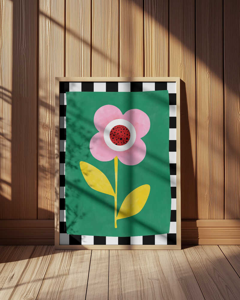 Poster of a big pink, red, white  and yellow flower on a green background and white and black stripes surrounding it like a frame