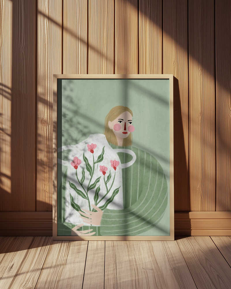 Poster of a women in green holding a big white vase filled with flowers on a green background