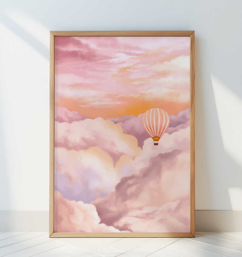 Soft pastel poster with a hot air balloon floating above colorful clouds, framed in light wood and leaning against a white wall. A calming and imaginative art print that brings a sense of peace and wonder to any room.