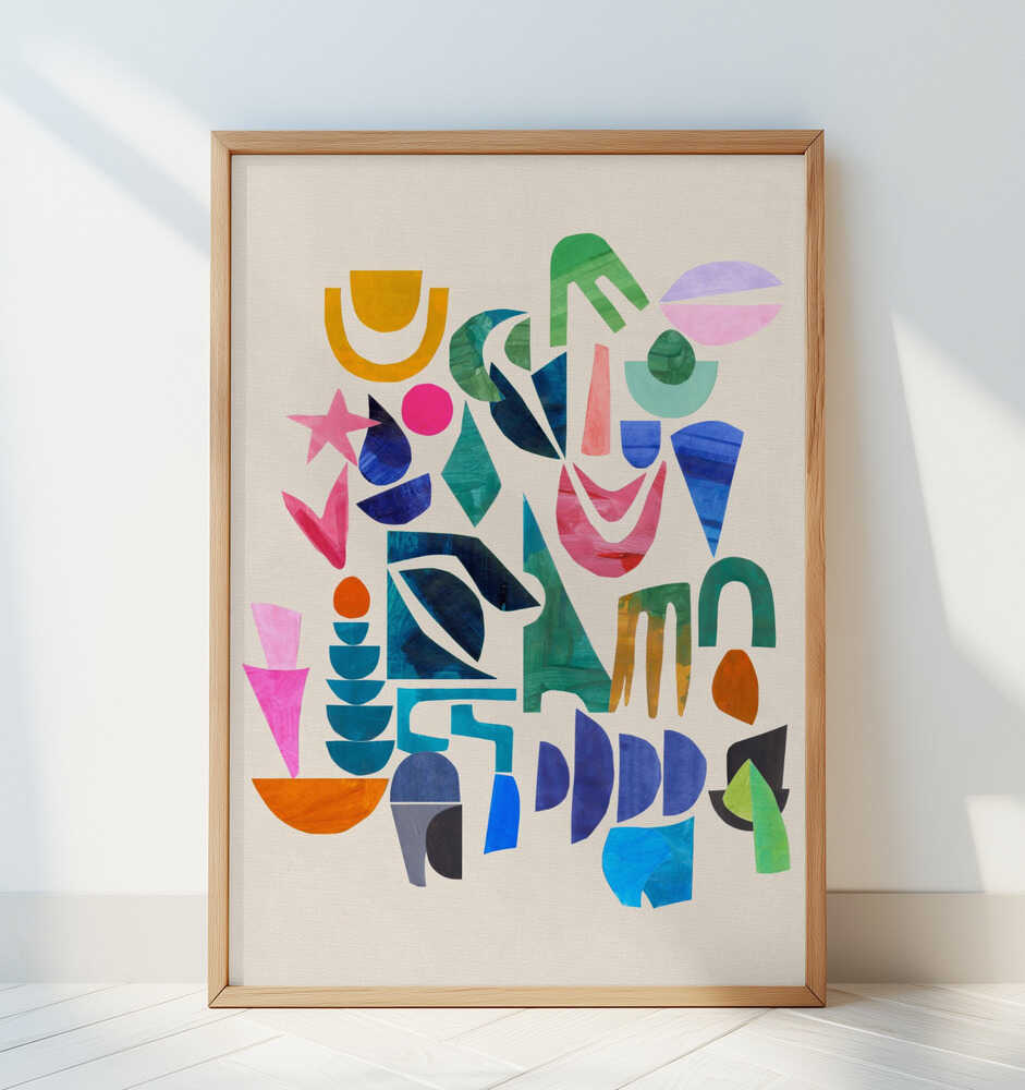 Contemporary abstract poster with playful, colorful shapes in rich tones of blue, pink, and green, framed in light wood and leaning against a white wall. A stylish and vibrant art print that adds personality and energy to modern home decor.
