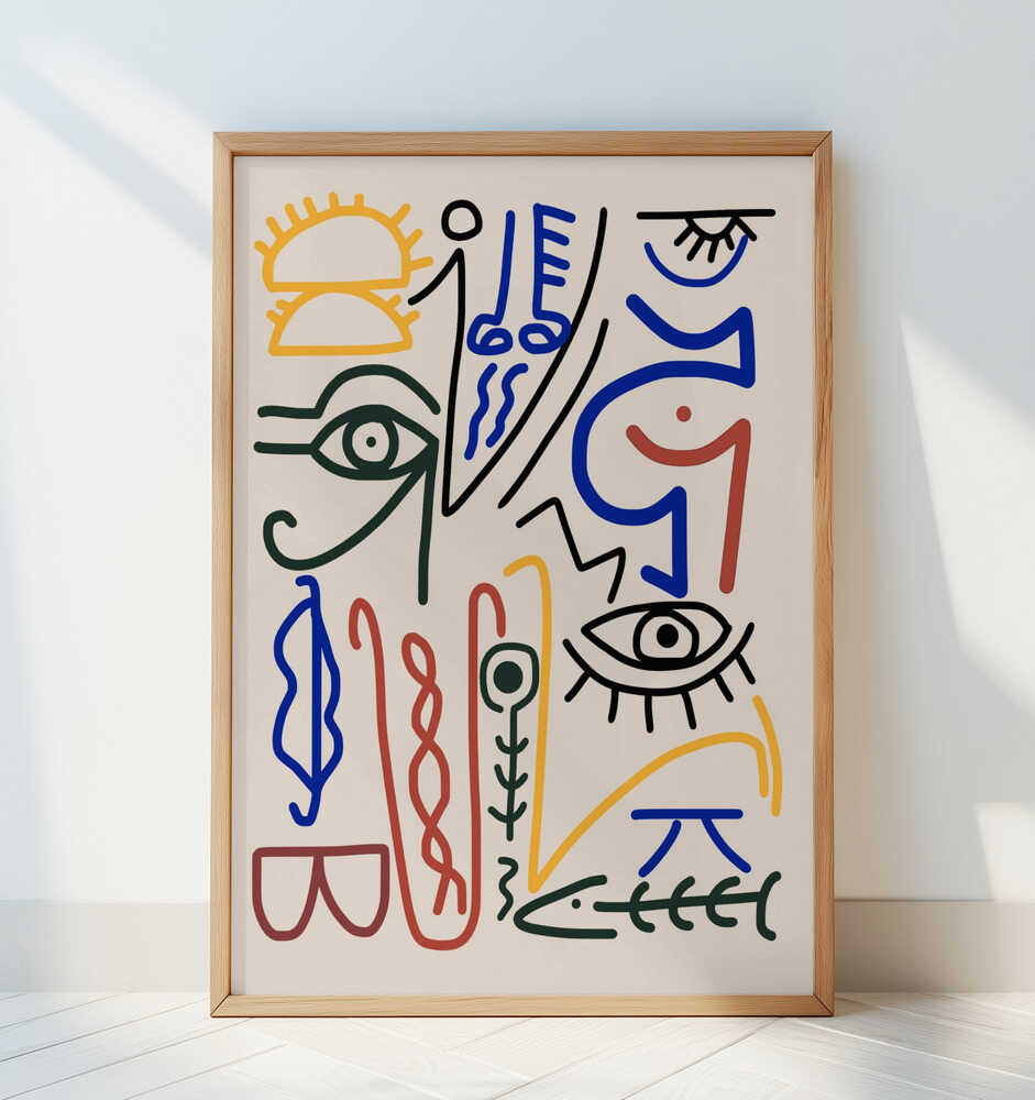 Colorful abstract poster with playful line drawings in red, blue, green, and yellow on a white background. Framed in light wood and leaning against a white wall — perfect for adding artistic flair to modern Scandinavian home decor.
